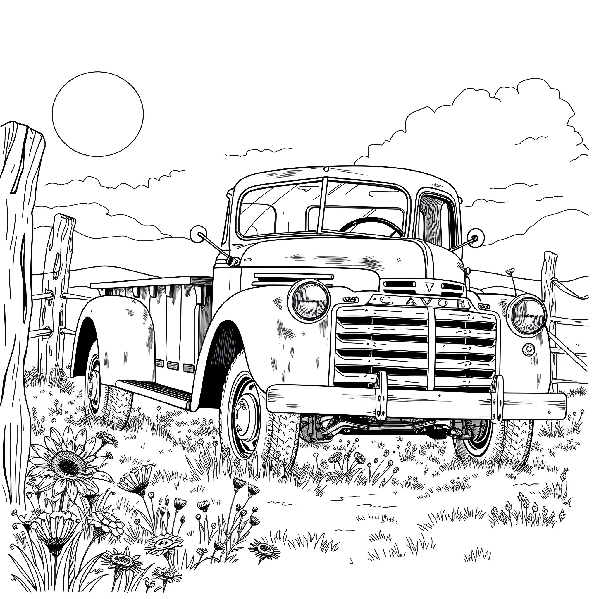 Truck parked in a rural meadow with flowers Coloring Page (free black-and-white line drawing printable PDF for all, from beginners to advanced learners, including children, teens, adults, and seniors)