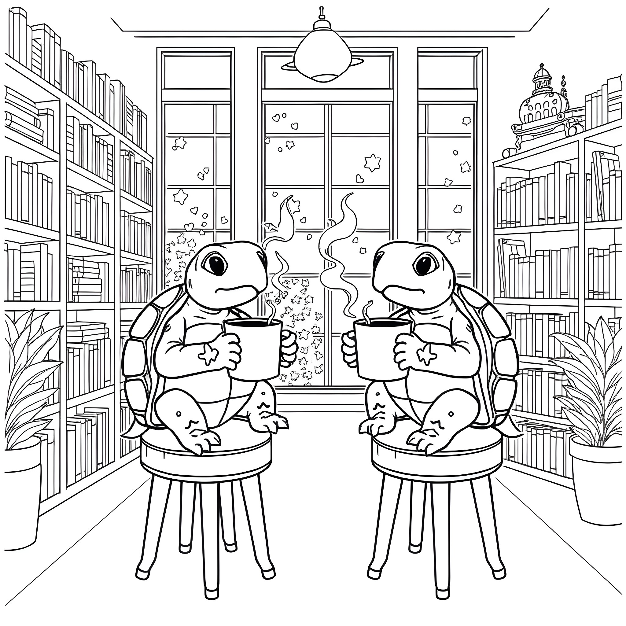 Turtles enjoying hot drinks in a cozy library Coloring Page (free black-and-white line drawing printable PDF for all, from beginners to advanced learners, including children, teens, adults, and seniors)
