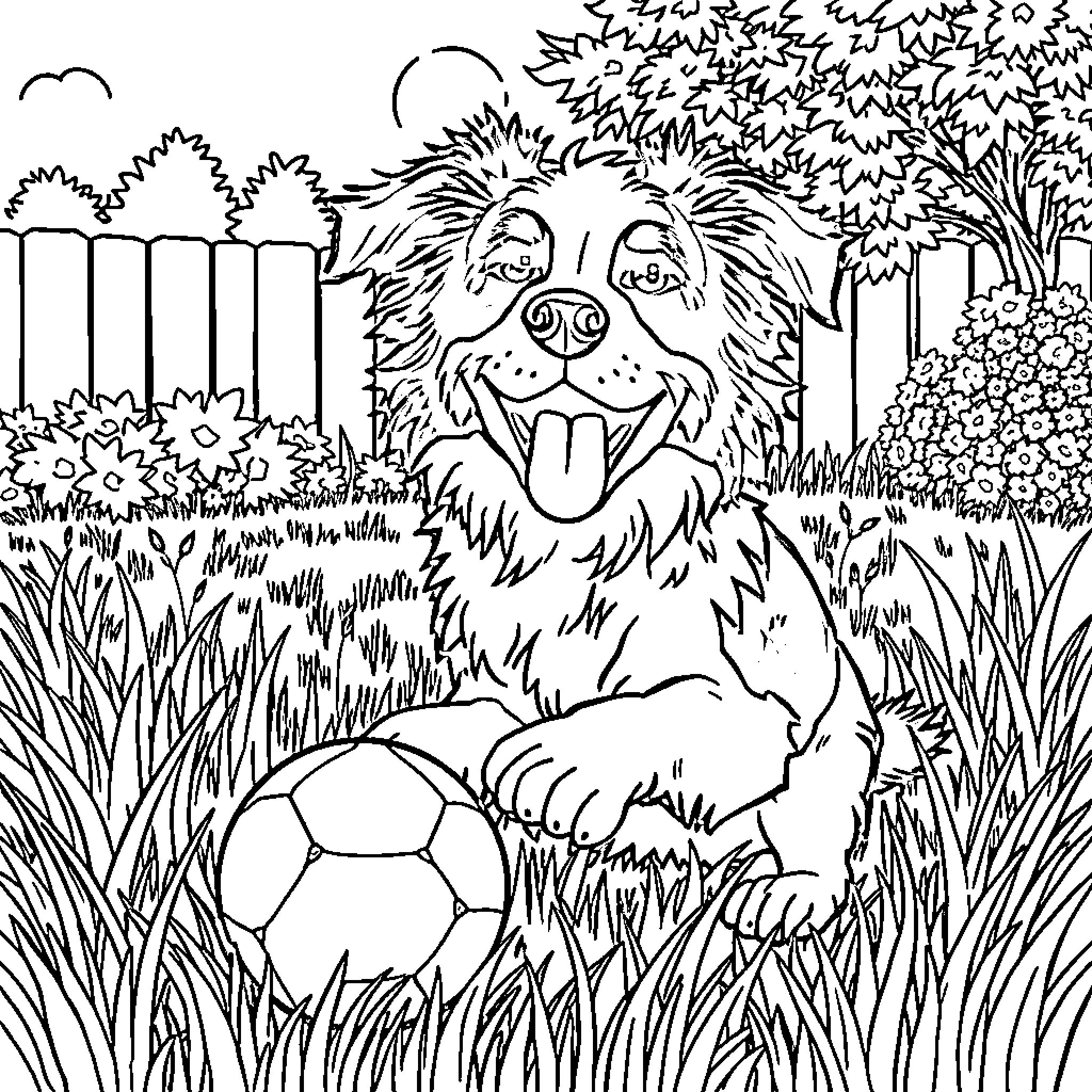 Stabyhoun playing with soccer ball in garden Coloring Page (free black-and-white line drawing printable PDF for all, from beginners to advanced learners, including children, teens, adults, and seniors)