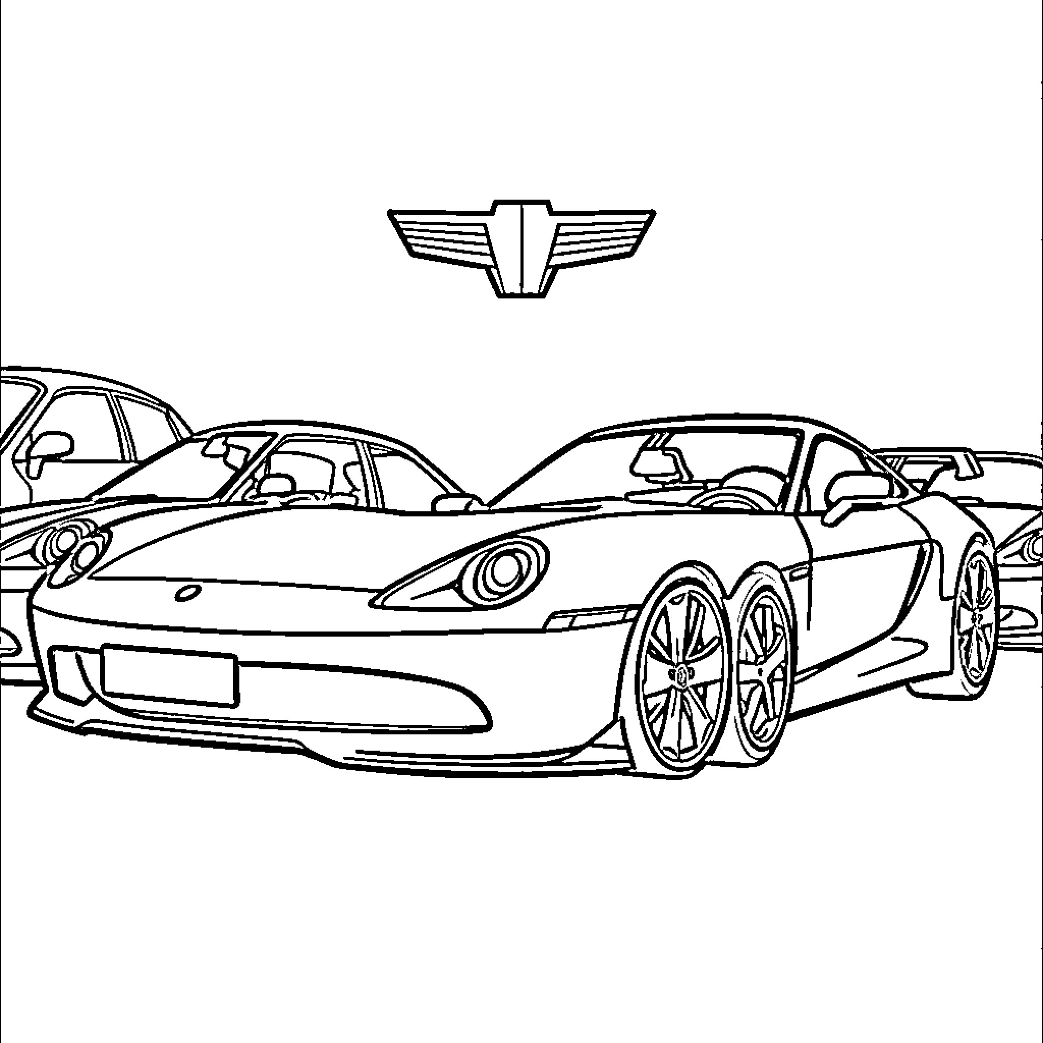Car Logo Sports Cars Racing on the Street Coloring Page (free black-and-white line drawing printable PDF for all, from beginners to advanced learners, including children, teens, adults, and seniors)