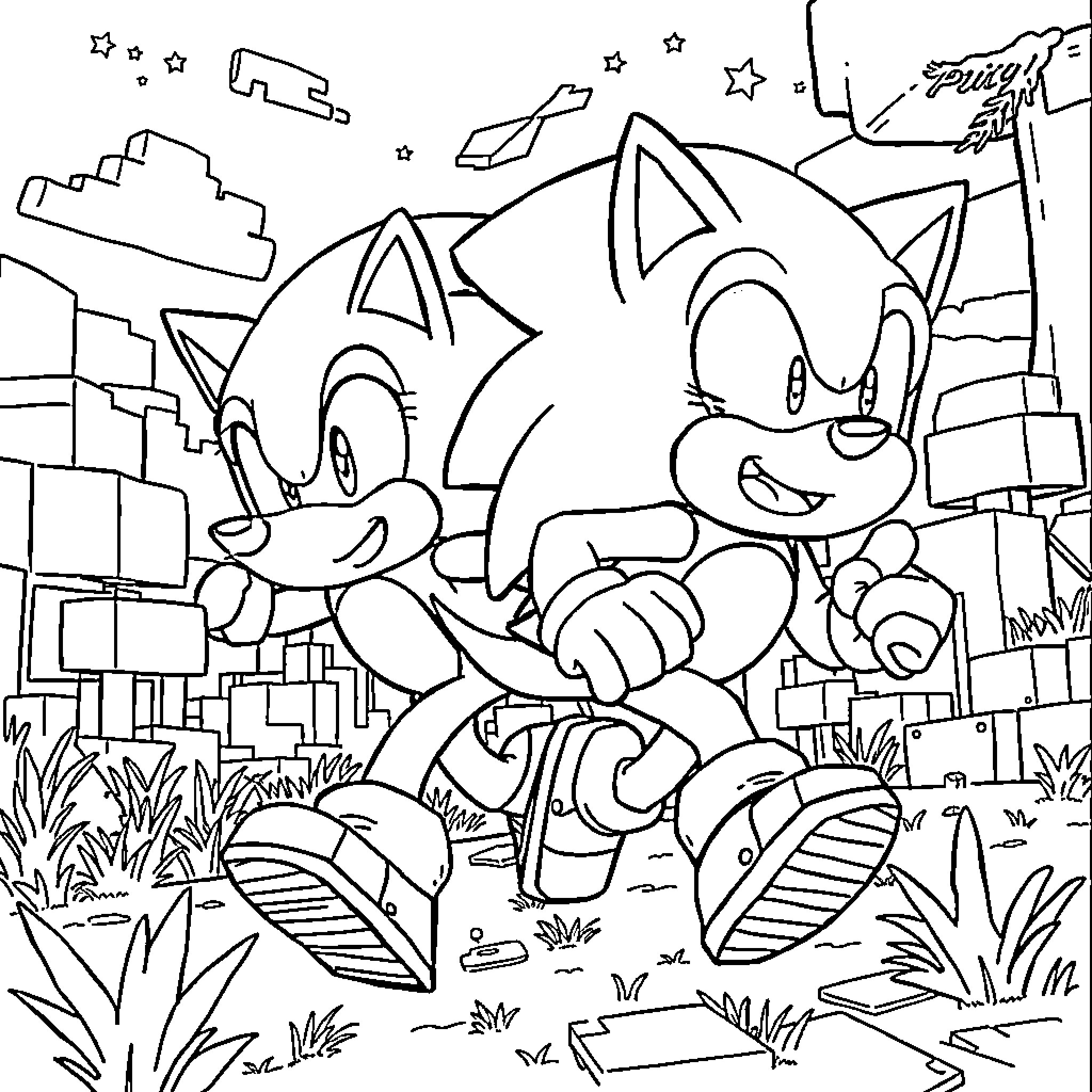 Dog and Companion Running Through Cityscape Coloring Page (free black-and-white line drawing printable PDF for all, from beginners to advanced learners, including children, teens, adults, and seniors)