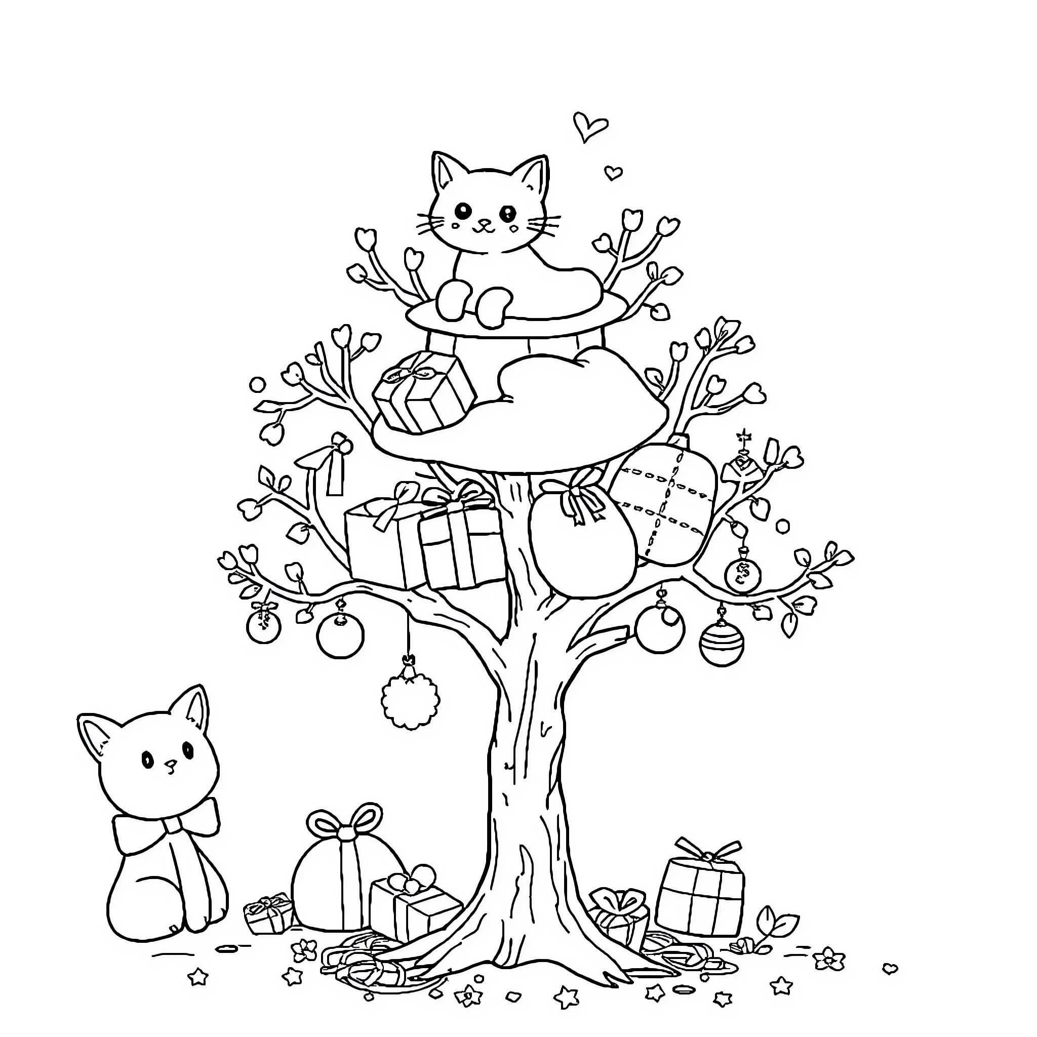 Cat Tree with Gifts and Decorations Coloring Page (free black-and-white line drawing printable PDF for all, from beginners to advanced learners, including children, teens, adults, and seniors)