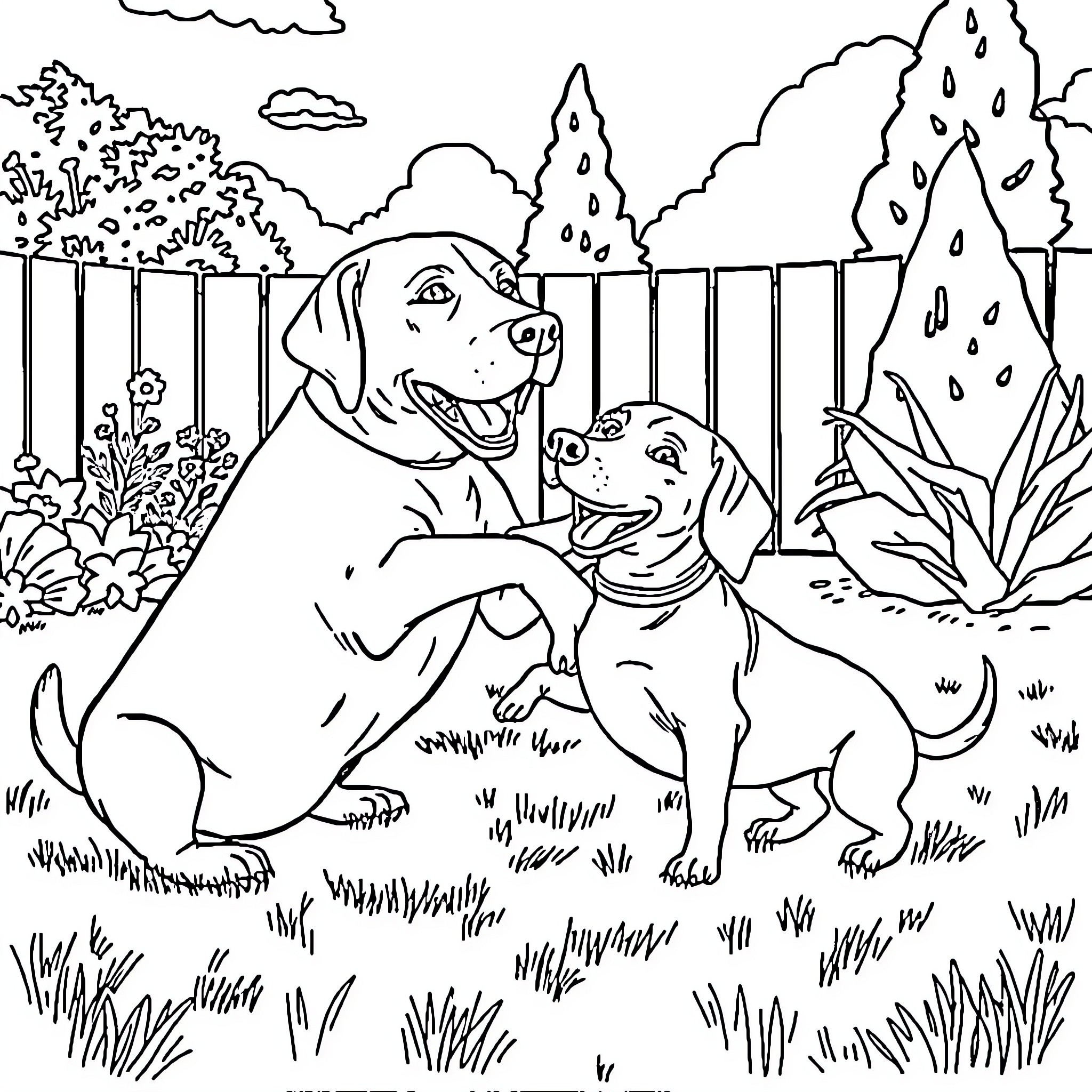 Dog playing joyfully in the backyard Coloring Page (free black-and-white line drawing printable PDF for all, from beginners to advanced learners, including children, teens, adults, and seniors)