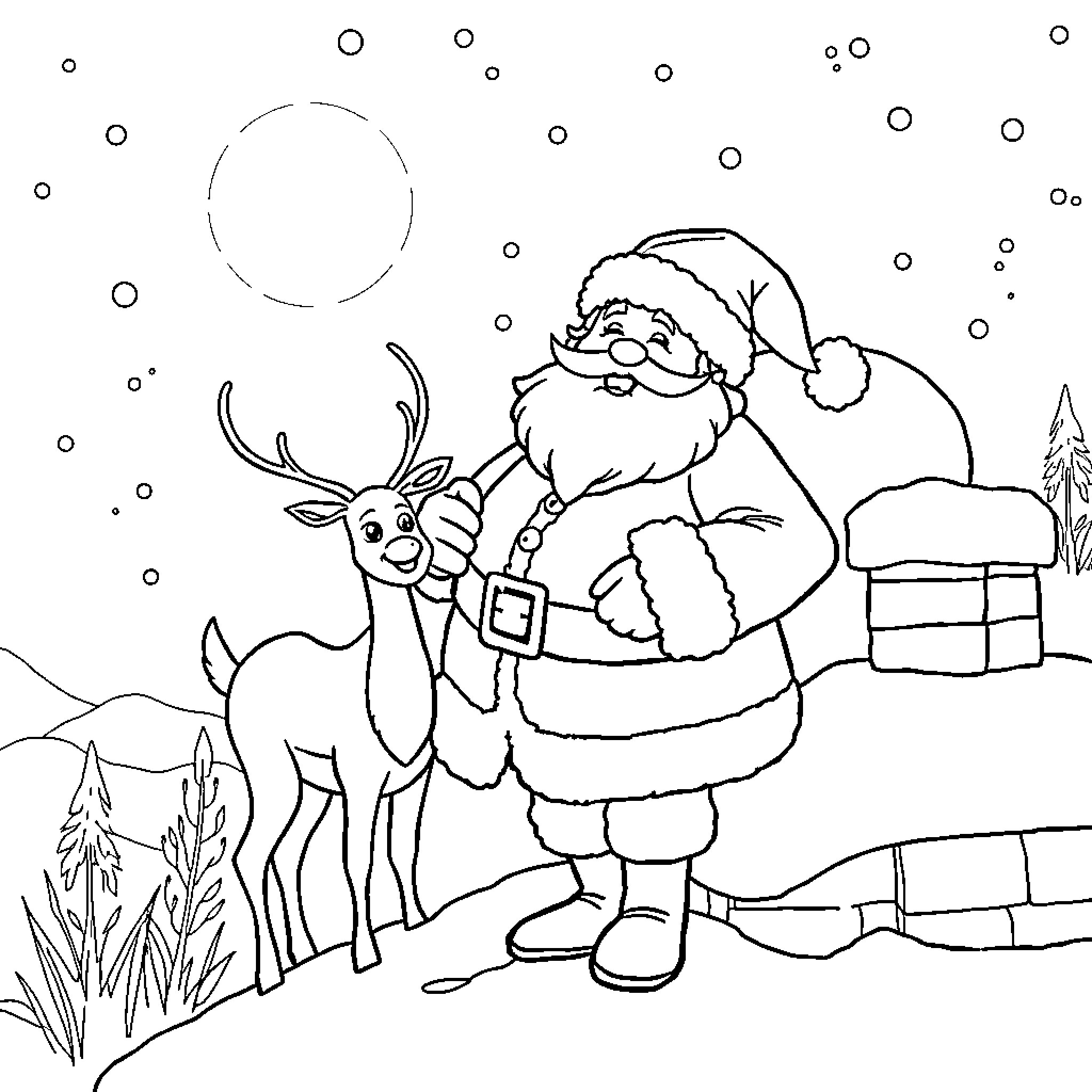 Santa and reindeer playing in the snowy night Coloring Page (free black-and-white line drawing printable PDF for all, from beginners to advanced learners, including children, teens, adults, and seniors)
