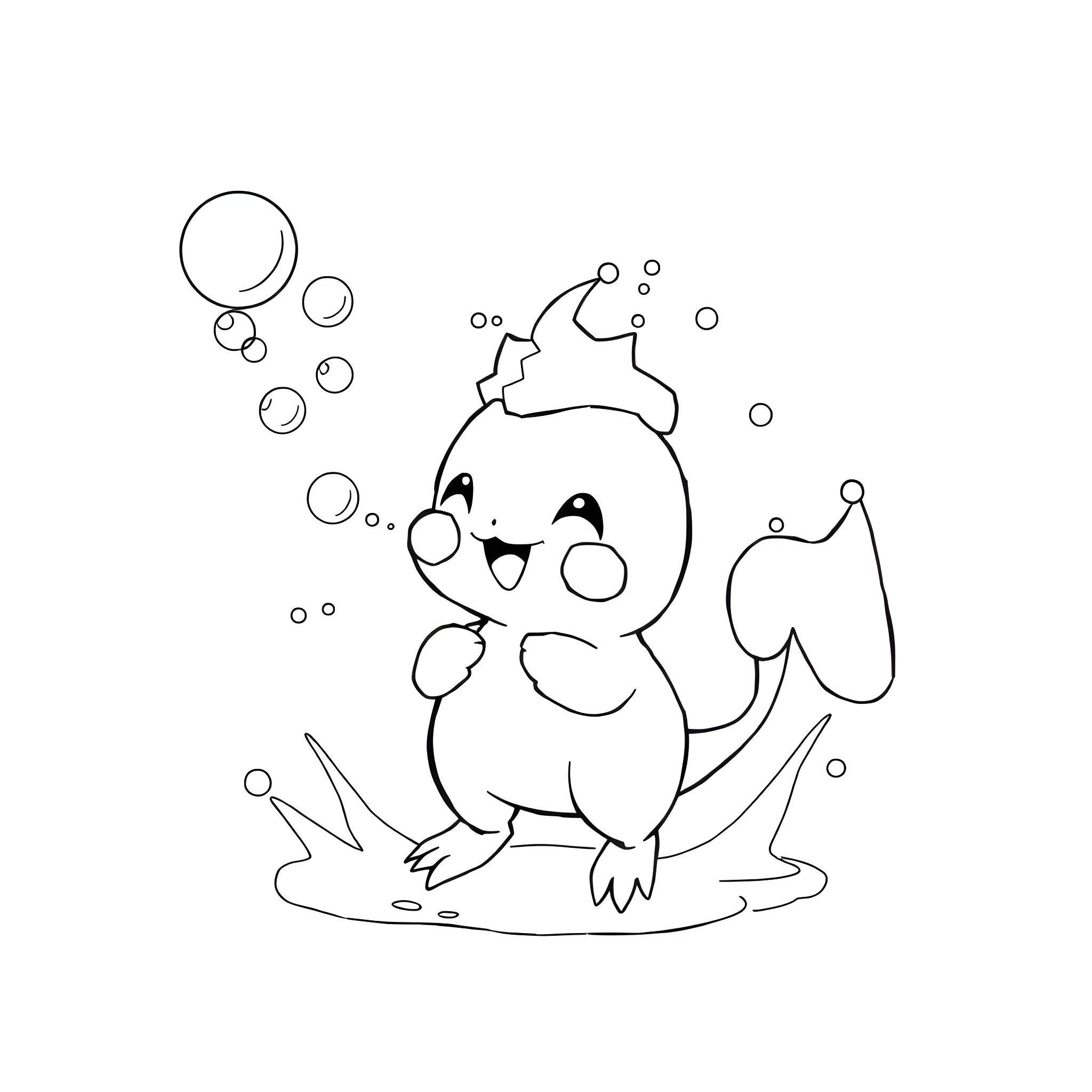 Shuckle playing happily with bubbles Coloring Page (free black-and-white line drawing printable PDF for all, from beginners to advanced learners, including children, teens, adults, and seniors)