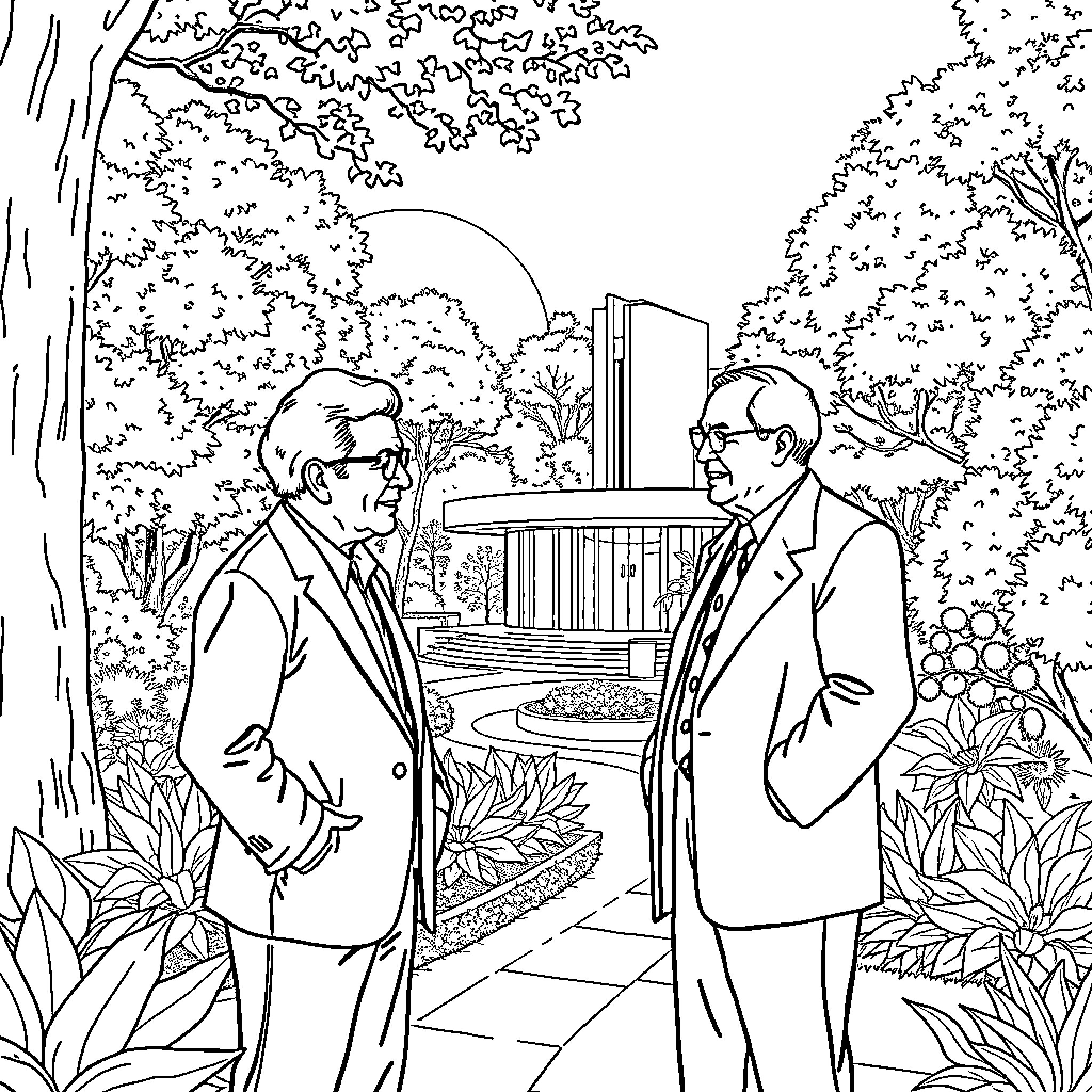Michael Graves discussing architectural designs in lush garden setting Coloring Page (free black-and-white line drawing printable PDF for all, from beginners to advanced learners, including children, teens, adults, and seniors)