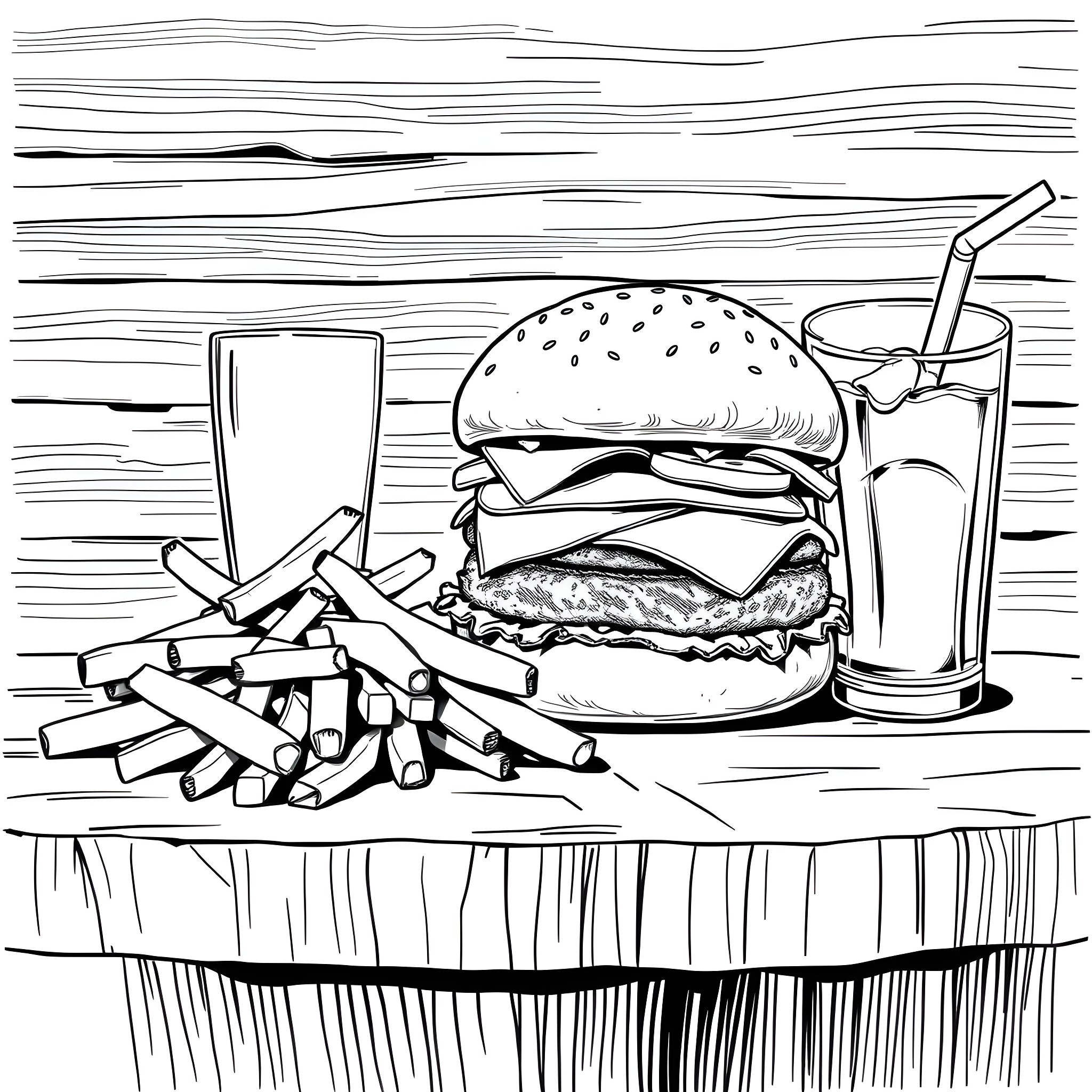 Burger and Fries on Wooden Table Coloring Page (free black-and-white line drawing printable PDF for all, from beginners to advanced learners, including children, teens, adults, and seniors)