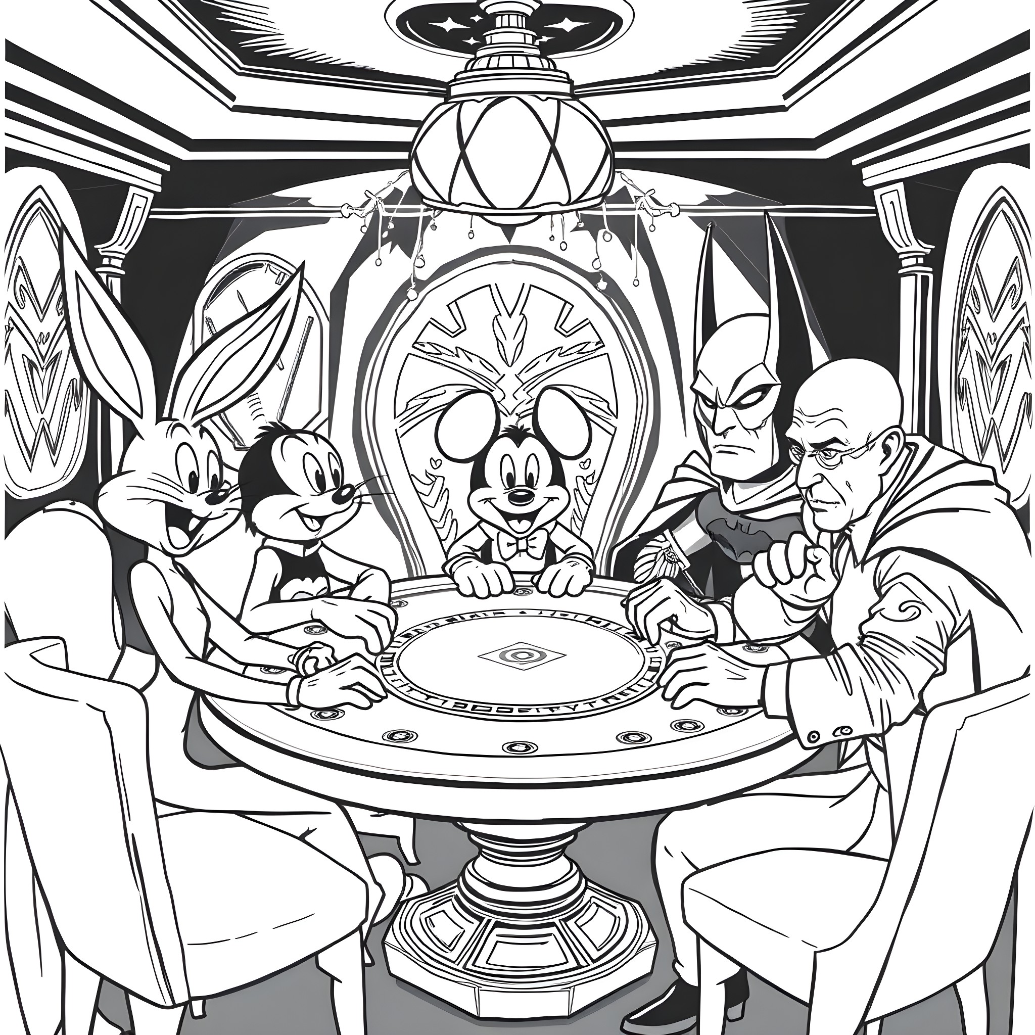 Character playing at a grand casino table Coloring Page (free black-and-white line drawing printable PDF for all, from beginners to advanced learners, including children, teens, adults, and seniors)