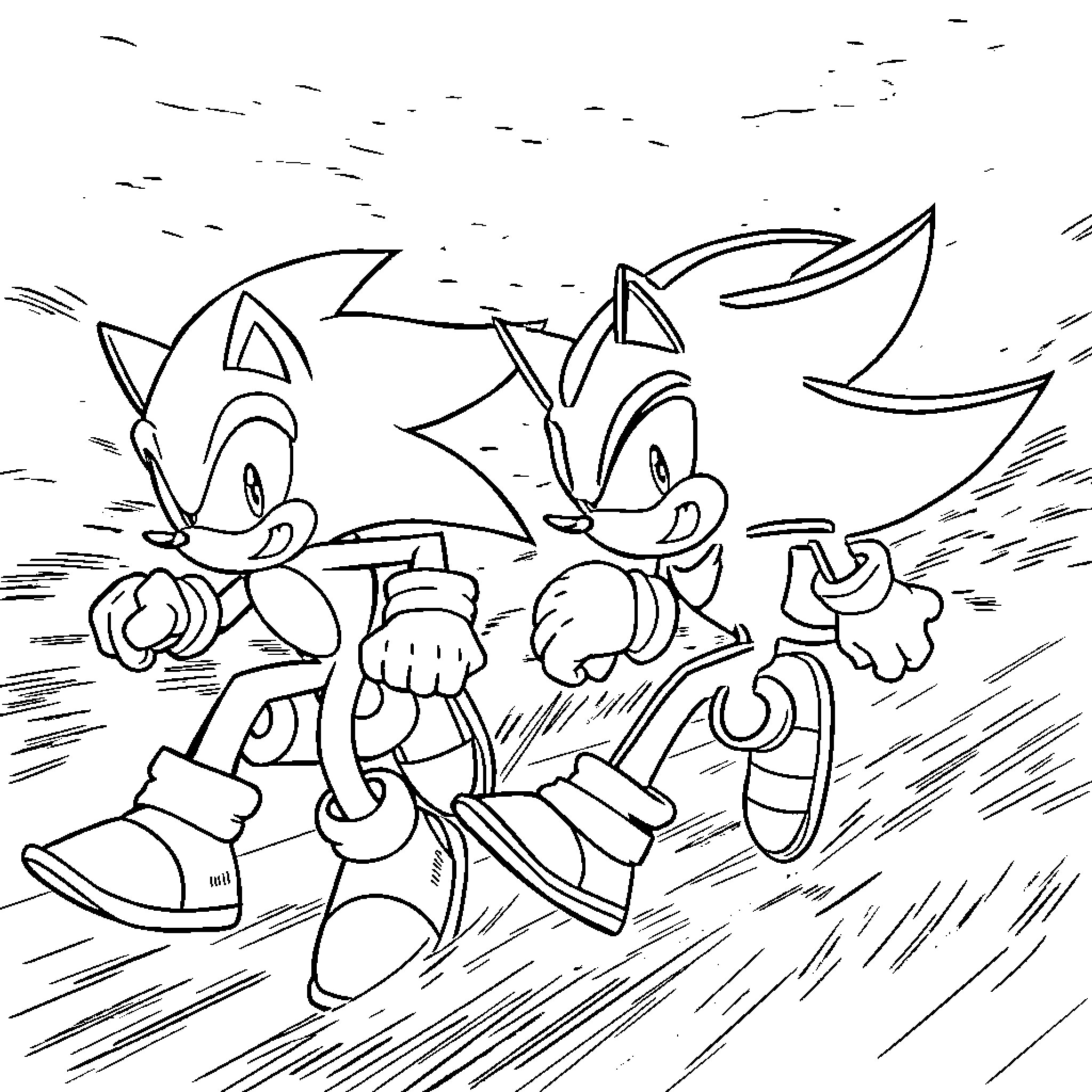 Sonic characters racing through the wind Coloring Page (free black-and-white line drawing printable PDF for all, from beginners to advanced learners, including children, teens, adults, and seniors)