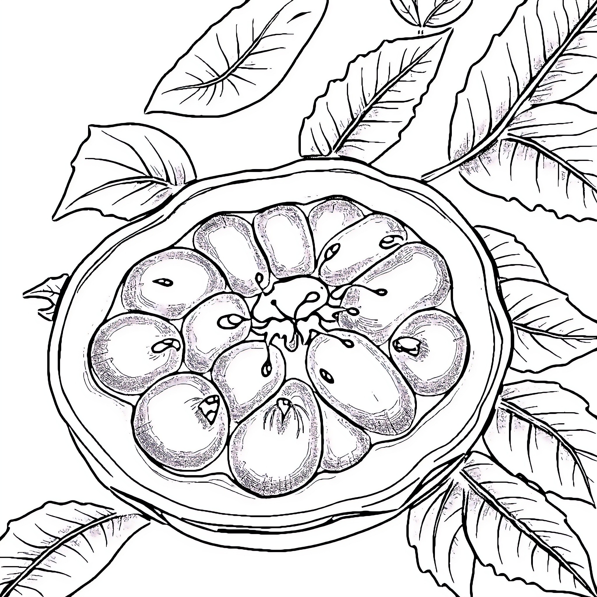 Fruit basket with intricate leaf patterns Coloring Page (free black-and-white line drawing printable PDF for all, from beginners to advanced learners, including children, teens, adults, and seniors)