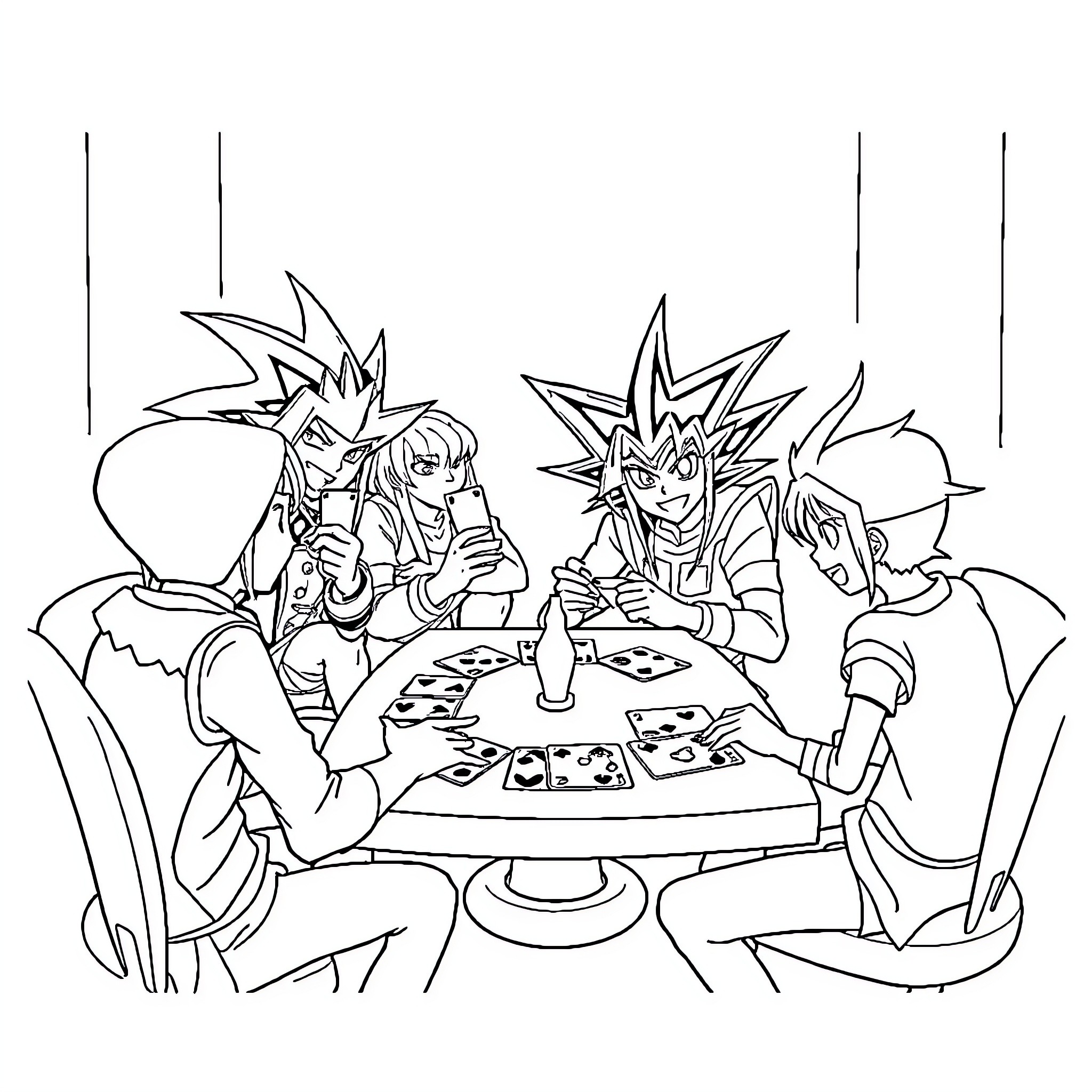 Yu-Gi-Oh Characters Playing Card Game Together Coloring Page (free black-and-white line drawing printable PDF for all, from beginners to advanced learners, including children, teens, adults, and seniors)
