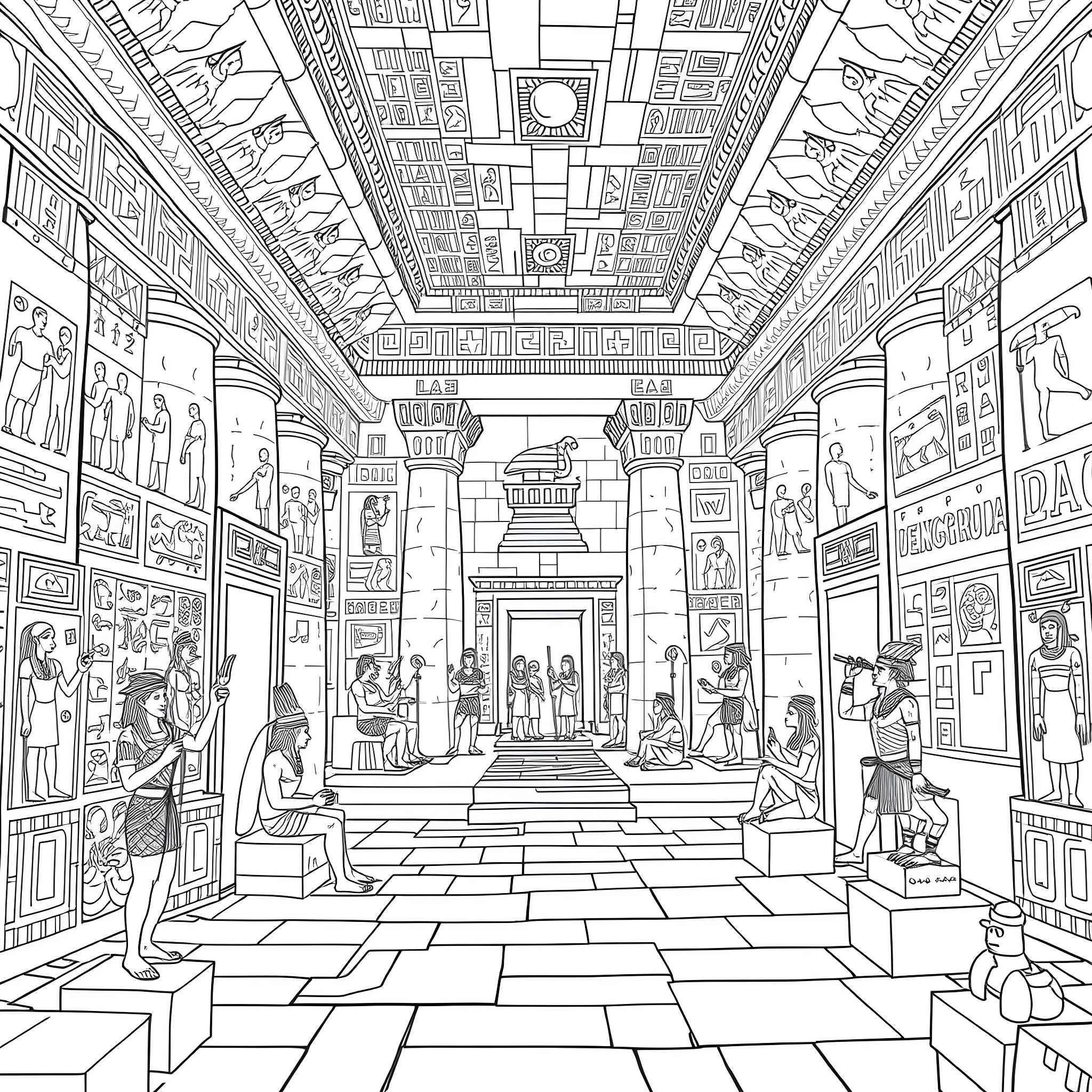 Temple of Ancient Egyptian Artifacts and Hieroglyphics Coloring Page (free black-and-white line drawing printable PDF for all, from beginners to advanced learners, including children, teens, adults, and seniors)