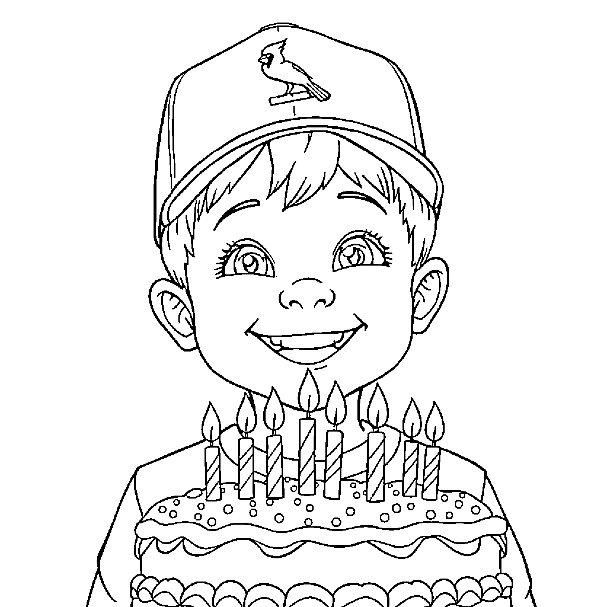 Boy Celebrating Birthday with Cake and Hat Coloring Page (free black-and-white line drawing printable PDF for all, from beginners to advanced learners, including children, teens, adults, and seniors)