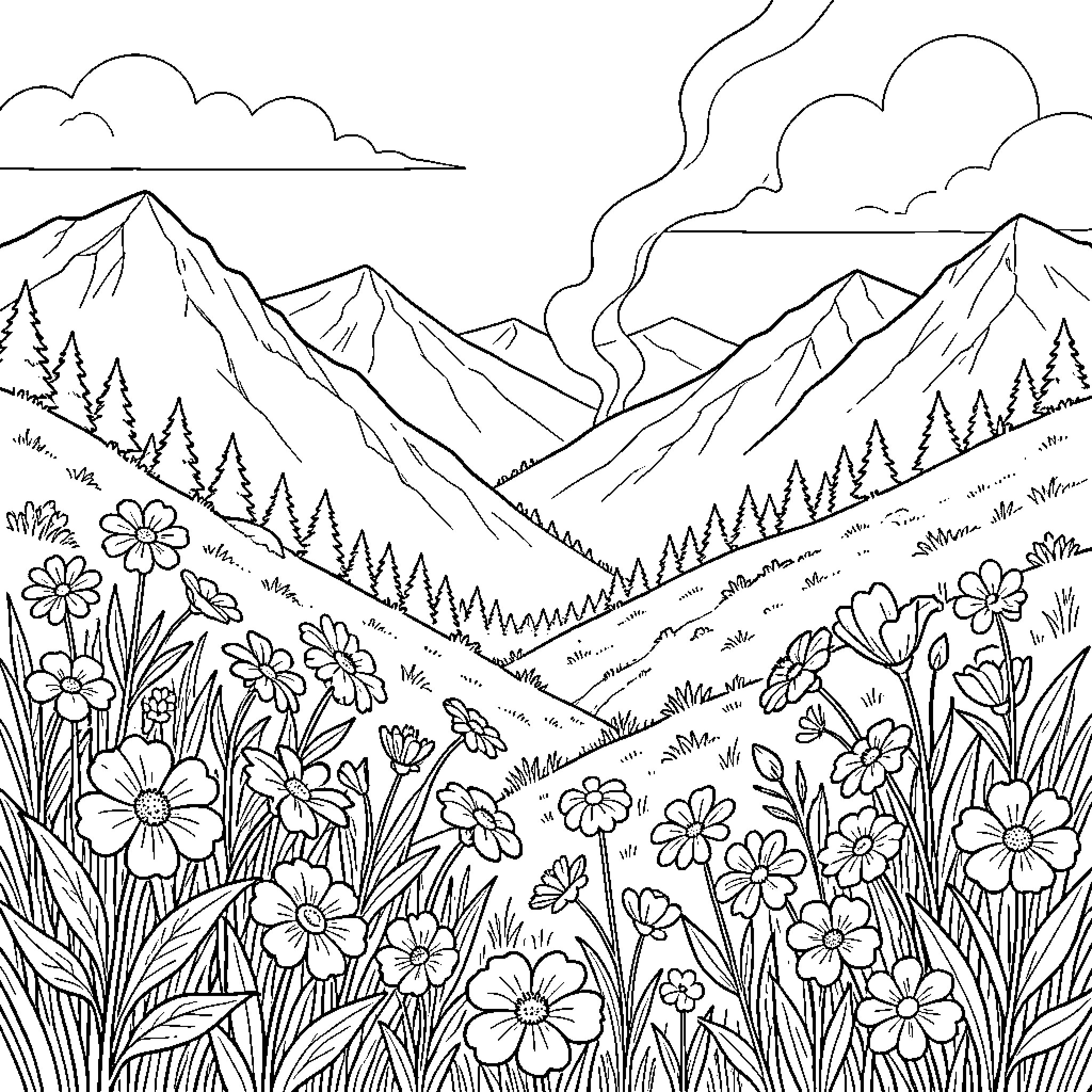 Wildflower meadow in the mountain landscape Coloring Page (free black-and-white line drawing printable PDF for all, from beginners to advanced learners, including children, teens, adults, and seniors)