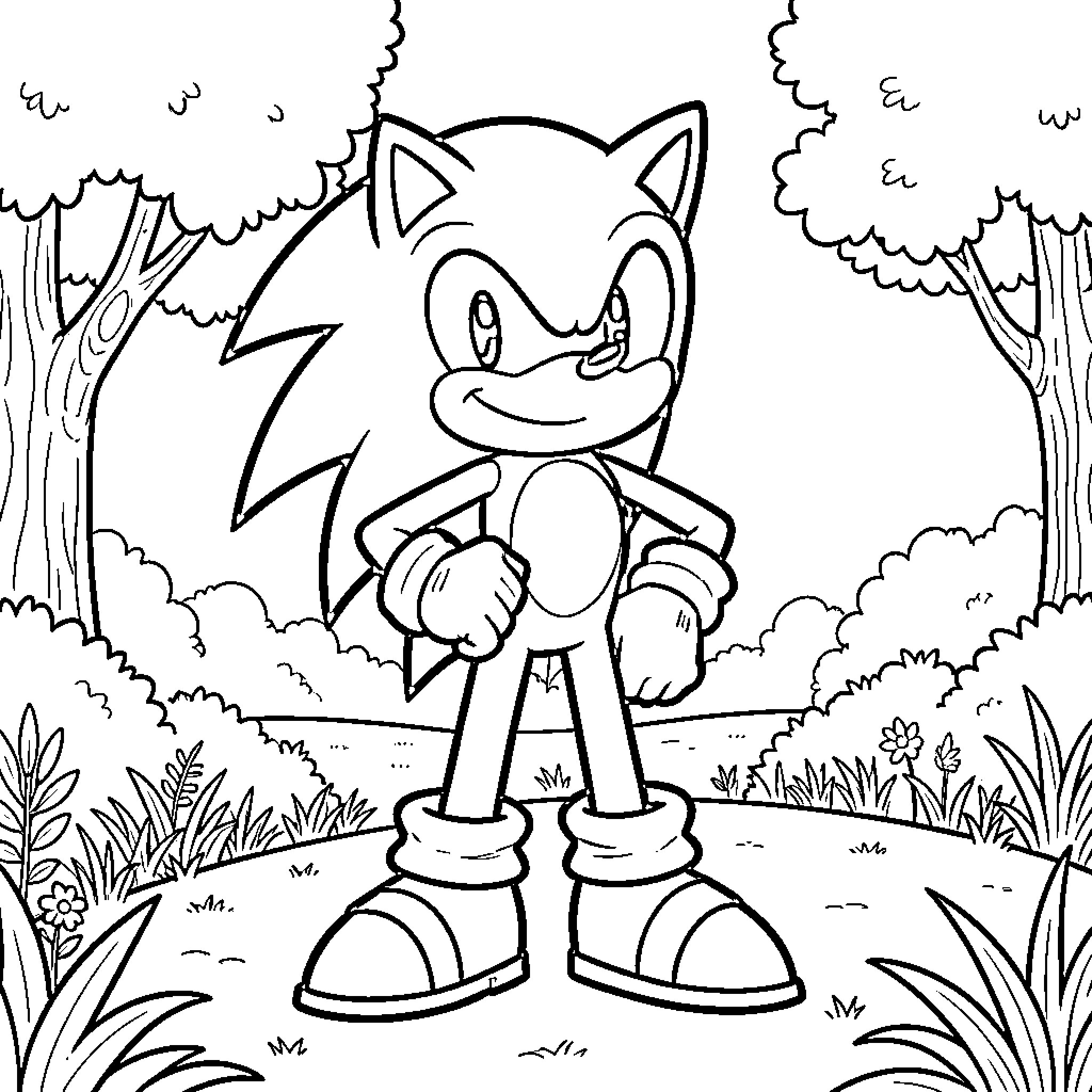 Sonic standing confidently in a lush forest Coloring Page (free black-and-white line drawing printable PDF for all, from beginners to advanced learners, including children, teens, adults, and seniors)