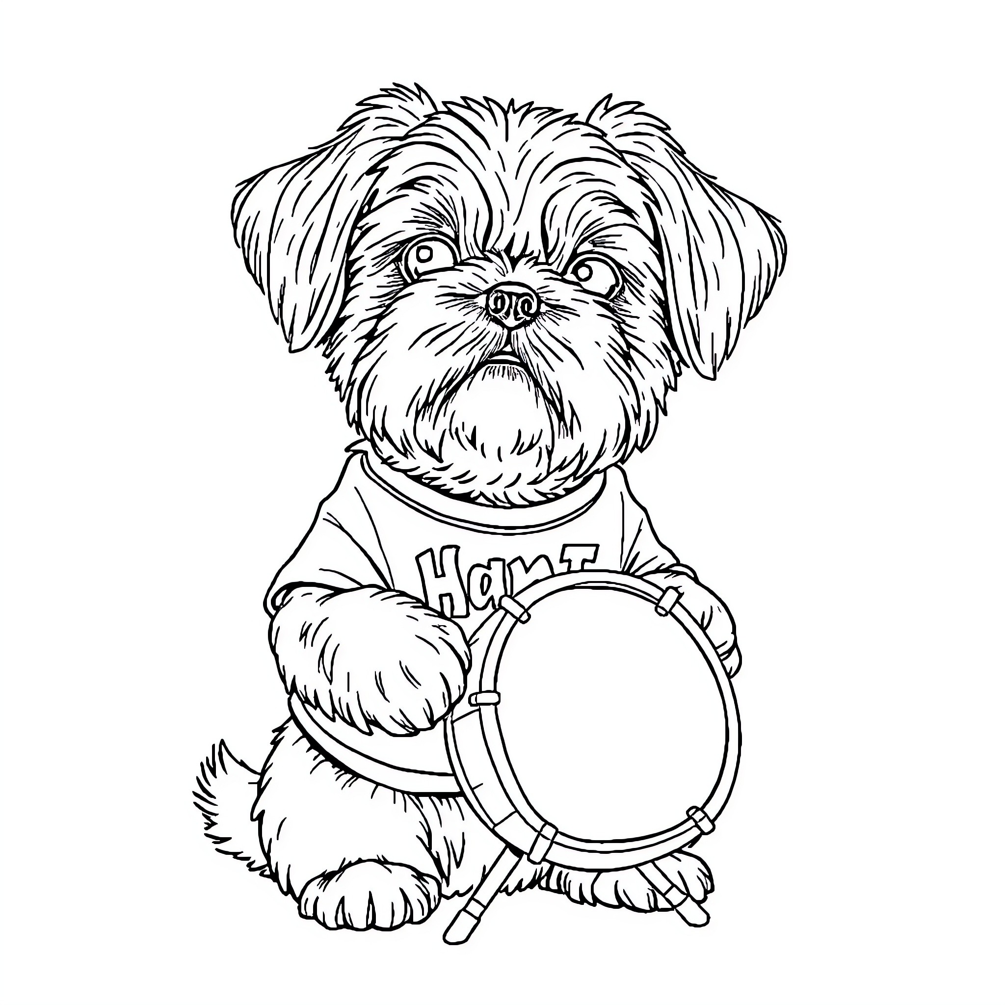 Shih Tzu playing with drum Coloring Page (free black-and-white line drawing printable PDF for all, from beginners to advanced learners, including children, teens, adults, and seniors)