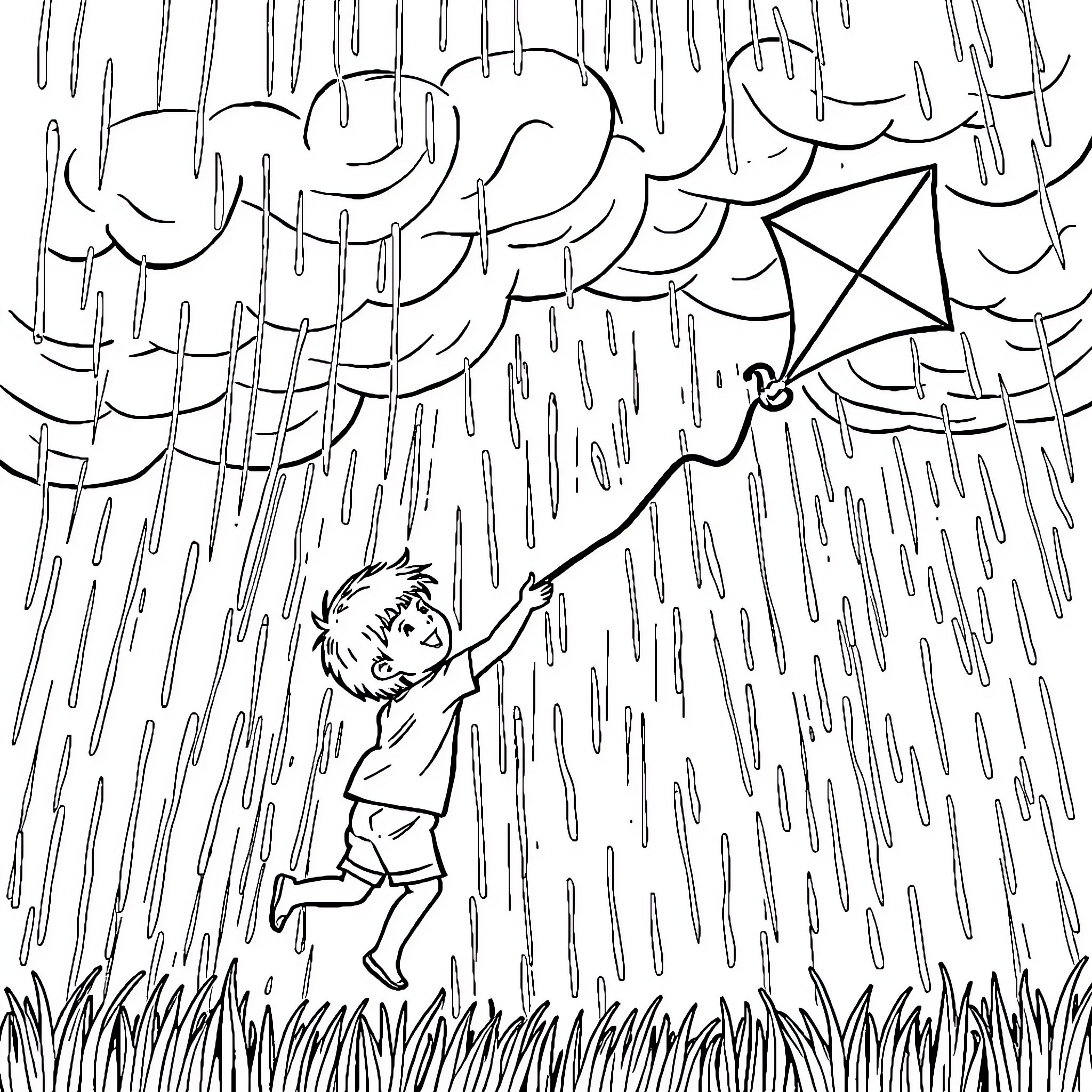 Kid flying kite in rainy weather Coloring Page (free black-and-white line drawing printable PDF for all, from beginners to advanced learners, including children, teens, adults, and seniors)