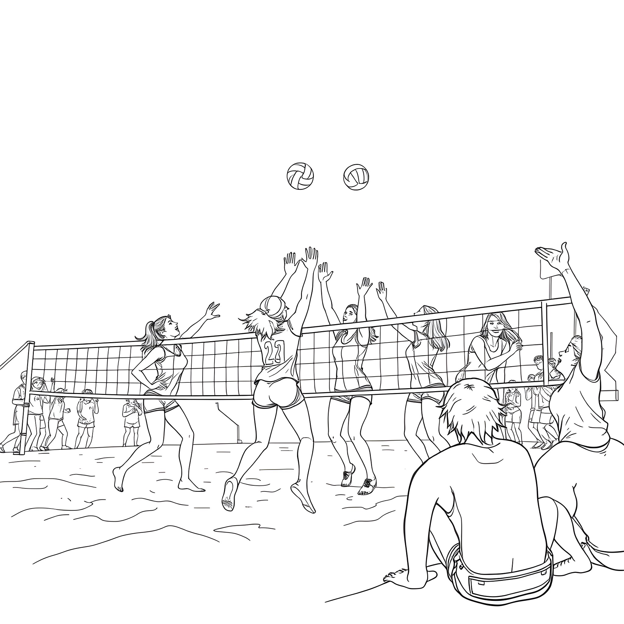 Woman playing volleyball with friends on the beach Coloring Page (free black-and-white line drawing printable PDF for all, from beginners to advanced learners, including children, teens, adults, and seniors)