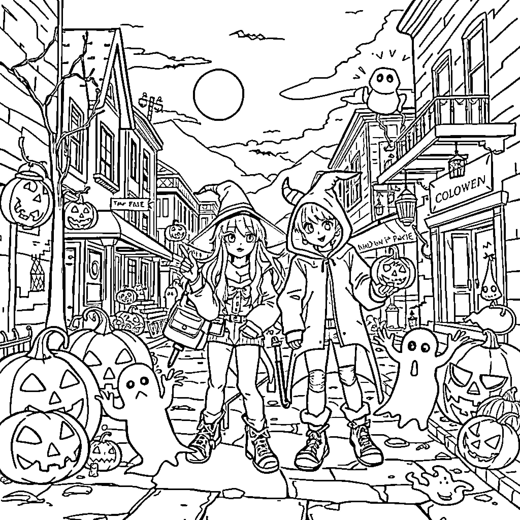 Rumi's Halloween Adventure in the Spooky Town Coloring Page (free black-and-white line drawing printable PDF for all, from beginners to advanced learners, including children, teens, adults, and seniors)