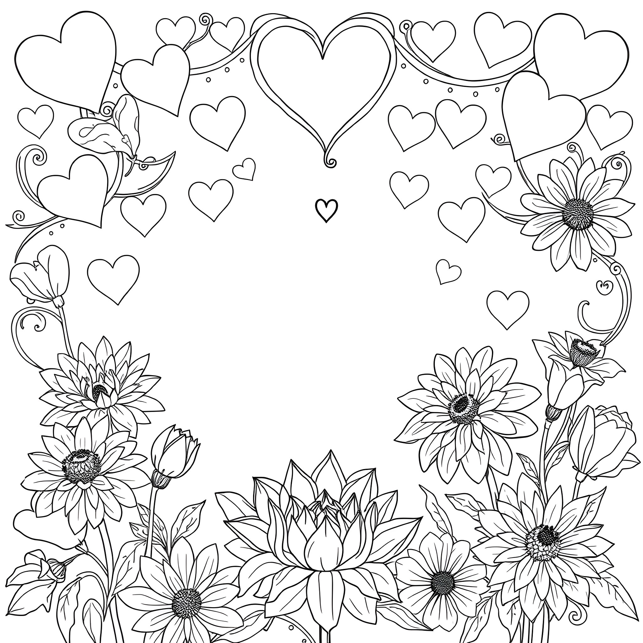Heart-shaped Frame with Floral and Heart Doodles Coloring Page (free black-and-white line drawing printable PDF for all, from beginners to advanced learners, including children, teens, adults, and seniors)