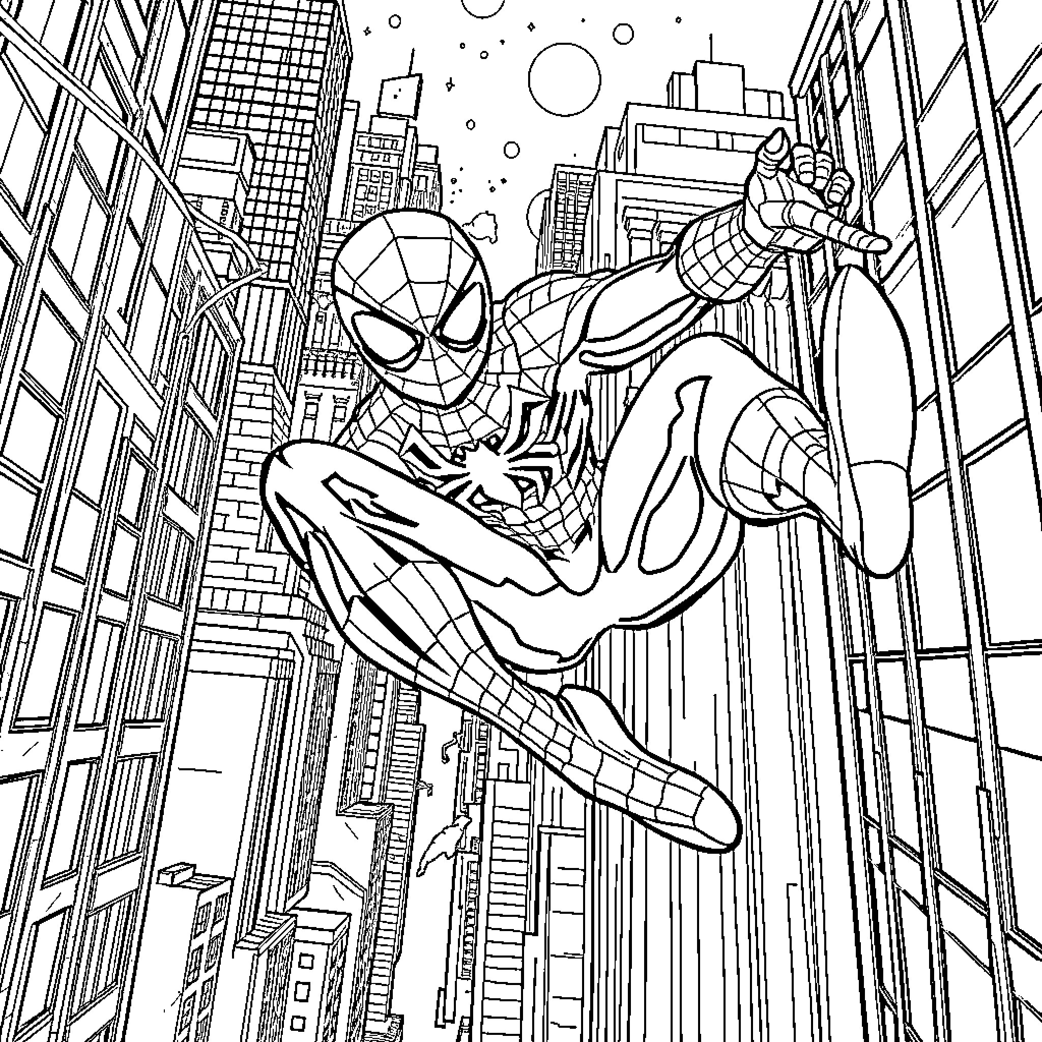 Spider-Man swinging through the city skyline Coloring Page (free black-and-white line drawing printable PDF for all, from beginners to advanced learners, including children, teens, adults, and seniors)