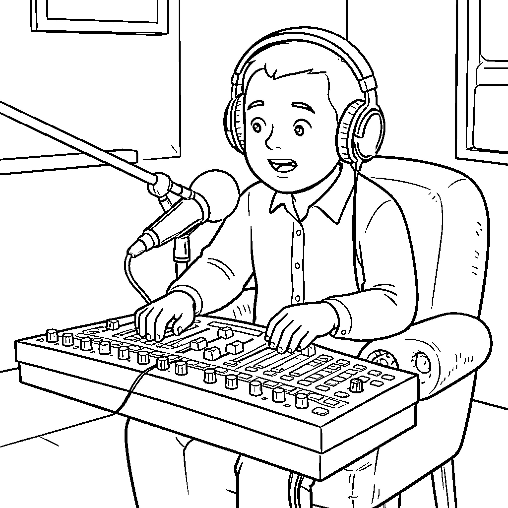 Locutor operating audio equipment in studio Coloring Page (free black-and-white line drawing printable PDF for all, from beginners to advanced learners, including children, teens, adults, and seniors)
