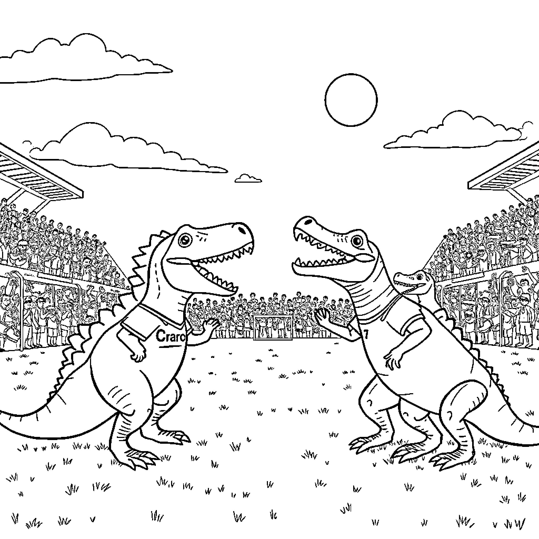 Dinosaur wrestlers in a stadium arena Coloring Page (free black-and-white line drawing printable PDF for all, from beginners to advanced learners, including children, teens, adults, and seniors)