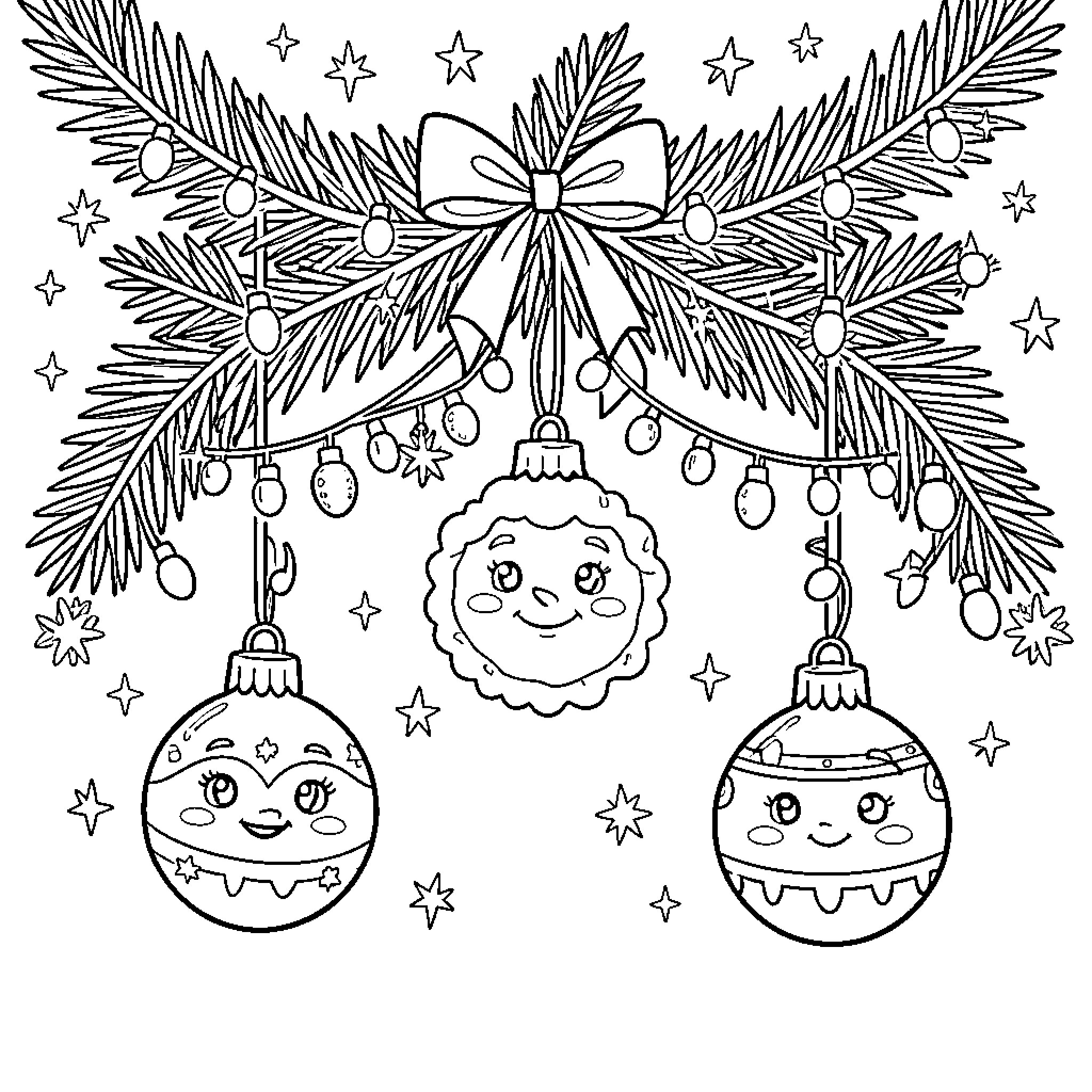 Christmas Decoration featuring smiling ornaments hanging from pine branches Coloring Page (free black-and-white line drawing printable PDF for all, from beginners to advanced learners, including children, teens, adults, and seniors)