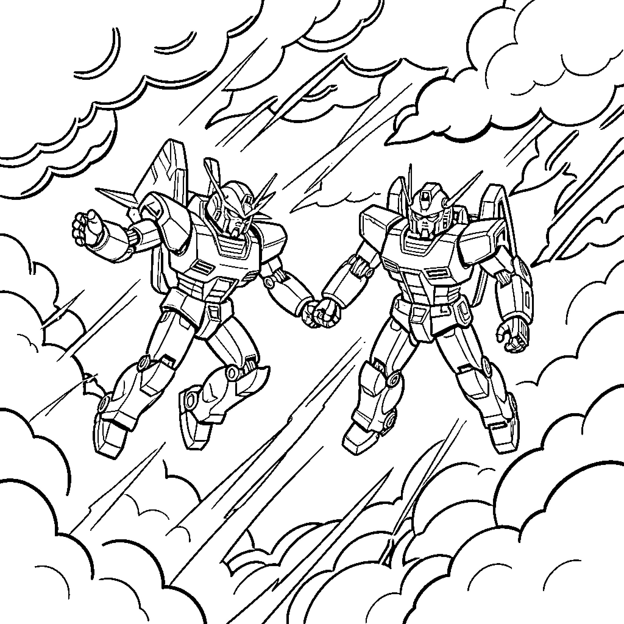 Robot duo flying together through the clouds Coloring Page (free black-and-white line drawing printable PDF for all, from beginners to advanced learners, including children, teens, adults, and seniors)