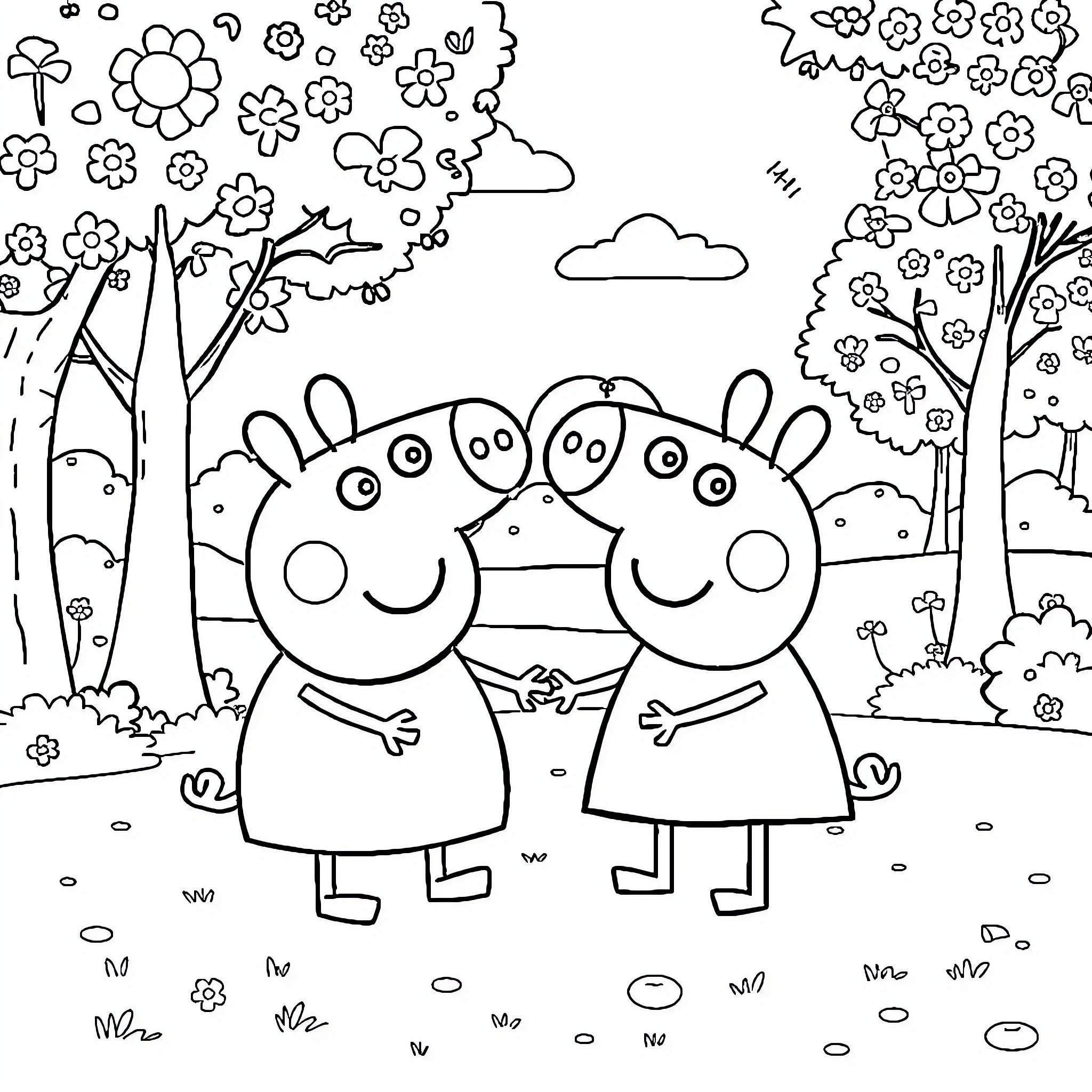 Bluey and Peppa Pig playing in a flowery park Coloring Page (free black-and-white line drawing printable PDF for all, from beginners to advanced learners, including children, teens, adults, and seniors)