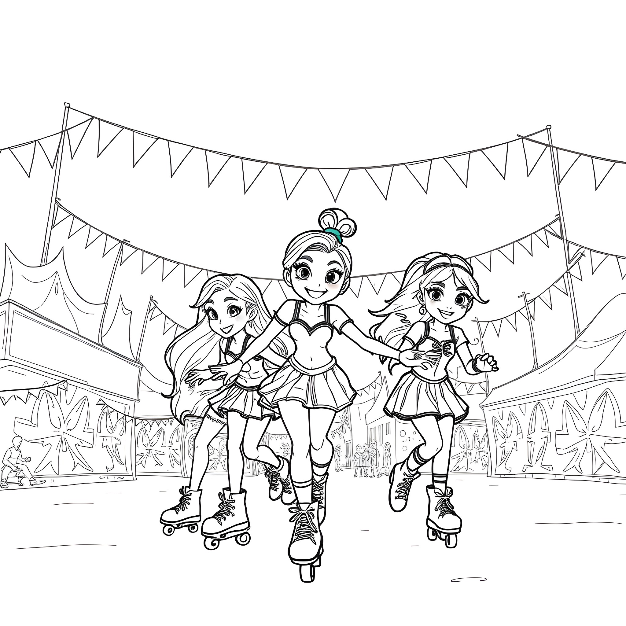 Descendants Skating in Festive Celebration Coloring Page (free black-and-white line drawing printable PDF for all, from beginners to advanced learners, including children, teens, adults, and seniors)