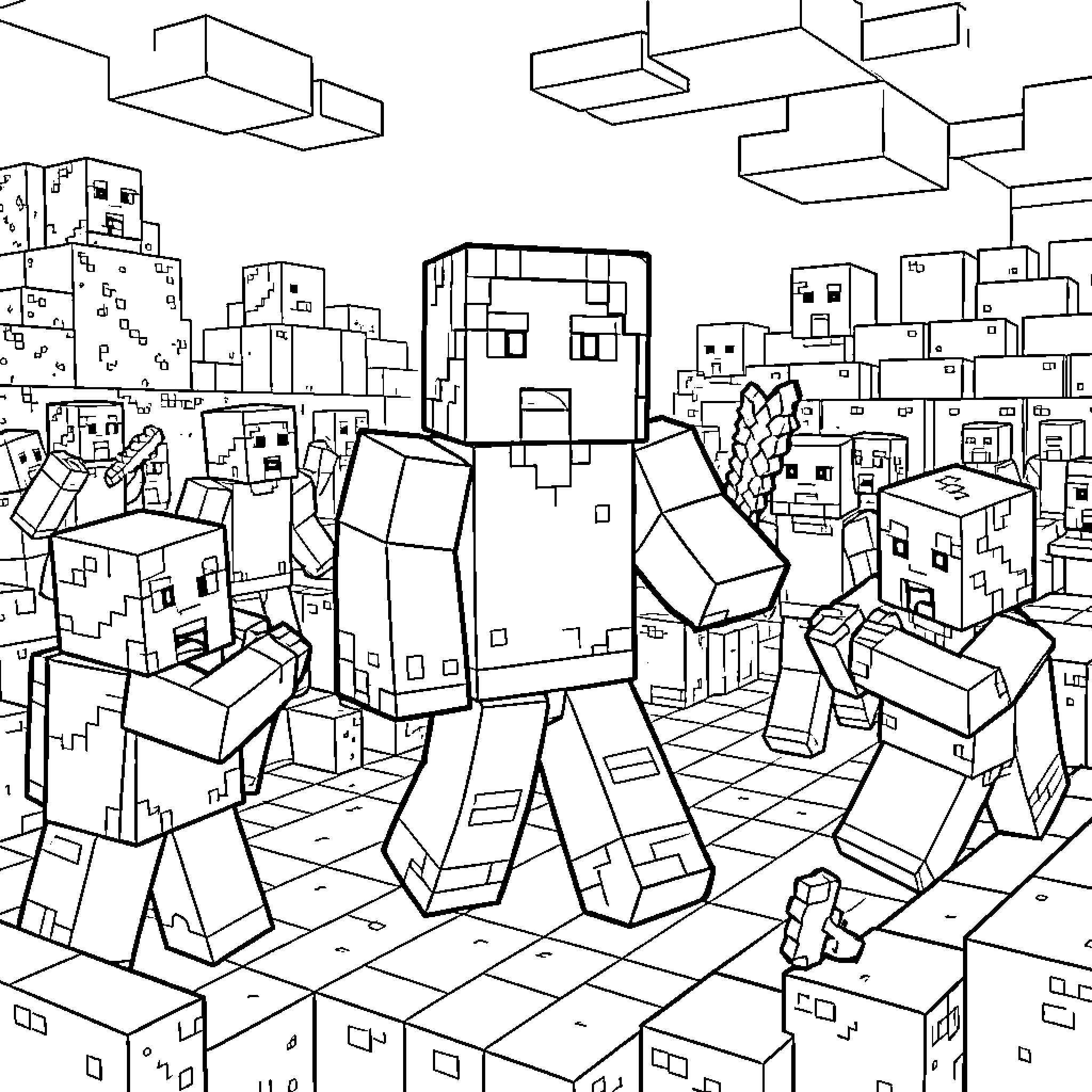 Steve surrounded by many pixelated characters Coloring Page (free black-and-white line drawing printable PDF for all, from beginners to advanced learners, including children, teens, adults, and seniors)