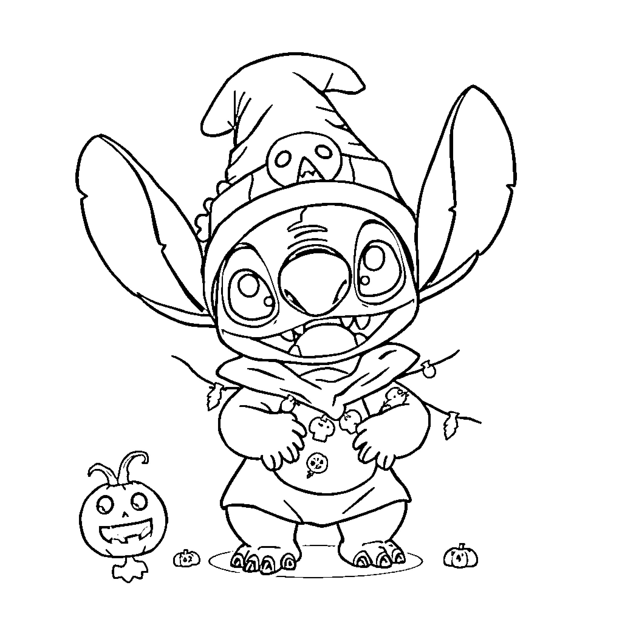 Stitch wearing spooky costume with pumpkin companion Coloring Page (free black-and-white line drawing printable PDF for all, from beginners to advanced learners, including children, teens, adults, and seniors)