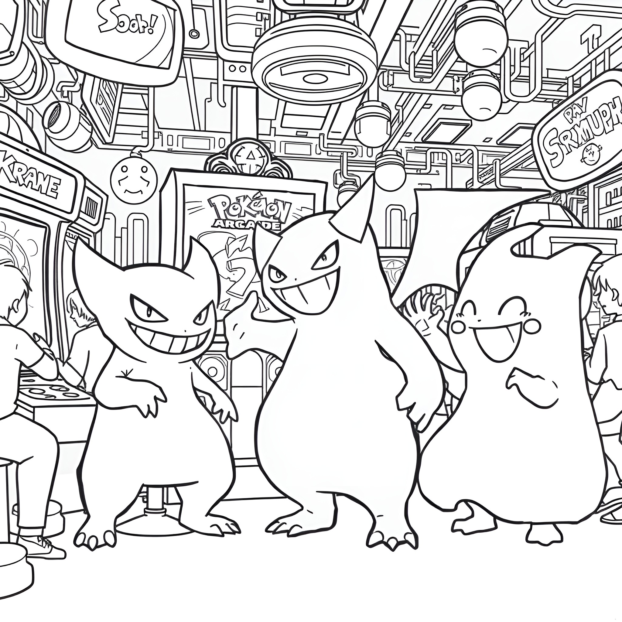 Gengar and Pokemon friends in lively gaming scene Coloring Page (free black-and-white line drawing printable PDF for all, from beginners to advanced learners, including children, teens, adults, and seniors)