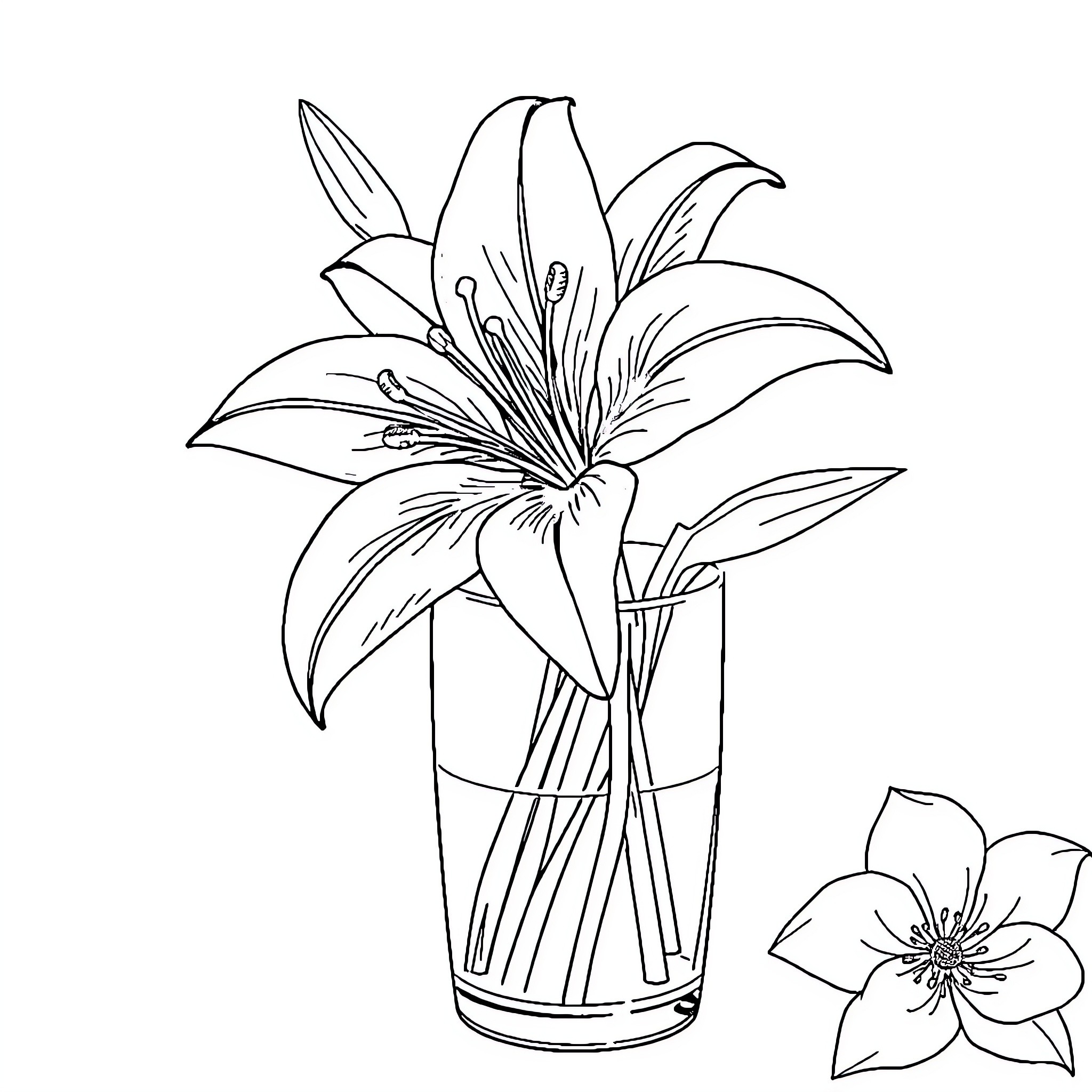 Lily flower in a glass vase Coloring Page (free black-and-white line drawing printable PDF for all, from beginners to advanced learners, including children, teens, adults, and seniors)