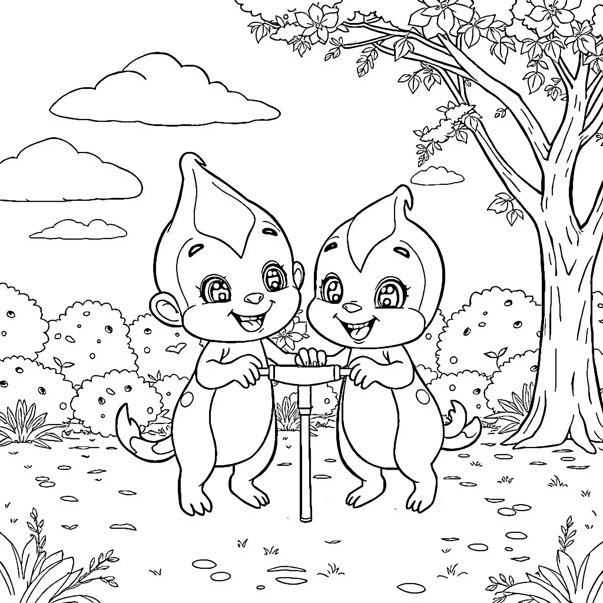 Bubu y Dudu playing happily in the nature Coloring Page (free black-and-white line drawing printable PDF for all, from beginners to advanced learners, including children, teens, adults, and seniors)