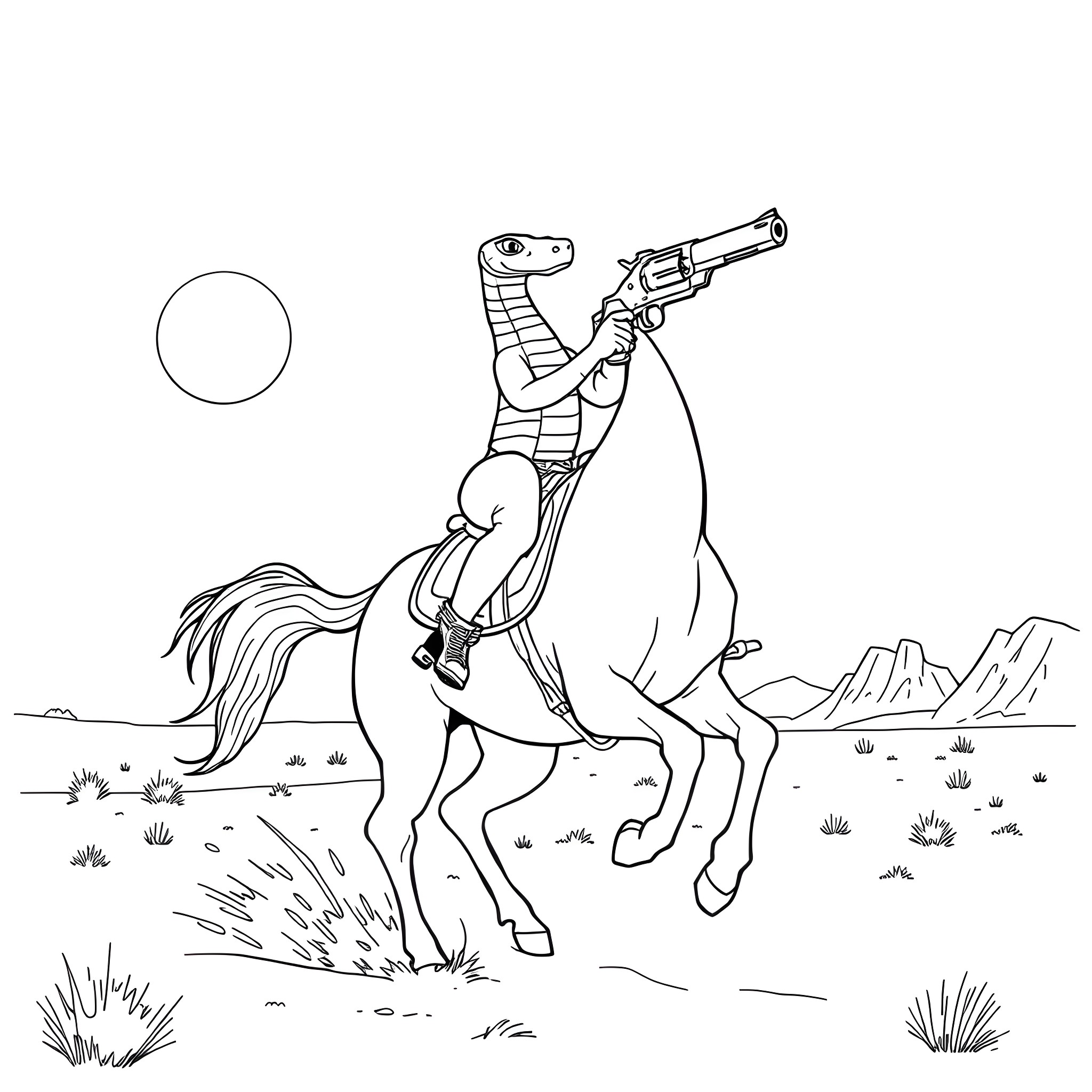 Snake Cowboy riding horse with gun in the desert Coloring Page (free black-and-white line drawing printable PDF for all, from beginners to advanced learners, including children, teens, adults, and seniors)