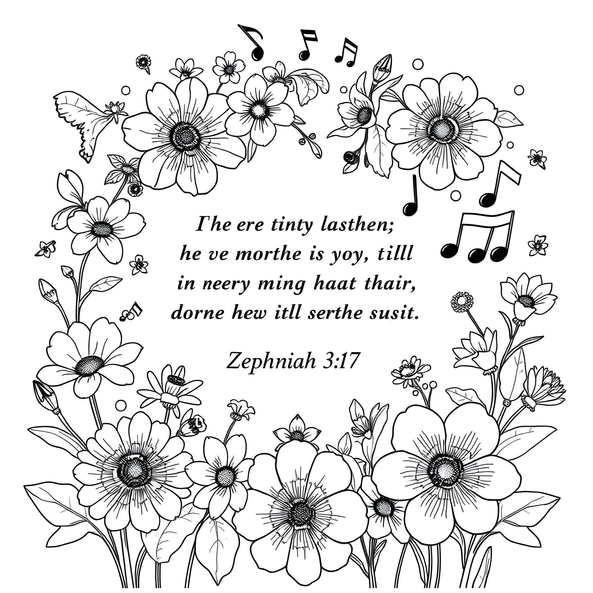 Verse of Flowers and Musical Notes Coloring Page (free black-and-white line drawing printable PDF for all, from beginners to advanced learners, including children, teens, adults, and seniors)