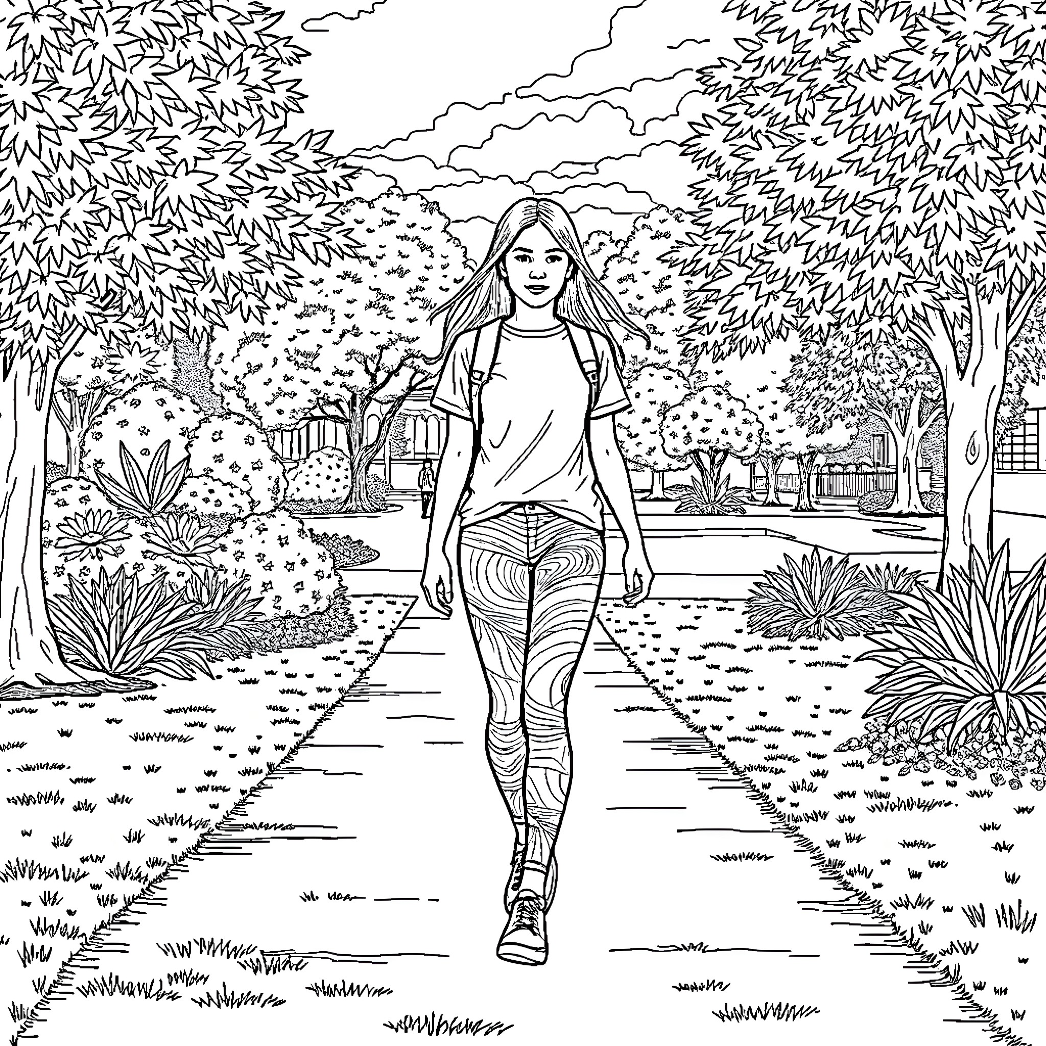 Teenage Girl Walking Through Lush Outdoor Landscape Coloring Page (free black-and-white line drawing printable PDF for all, from beginners to advanced learners, including children, teens, adults, and seniors)