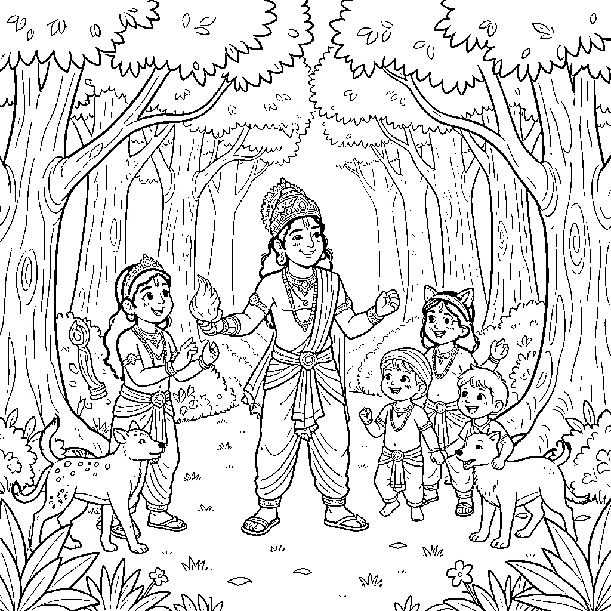 Ram playing joyfully with children and animals in forest Coloring Page (free black-and-white line drawing printable PDF for all, from beginners to advanced learners, including children, teens, adults, and seniors)