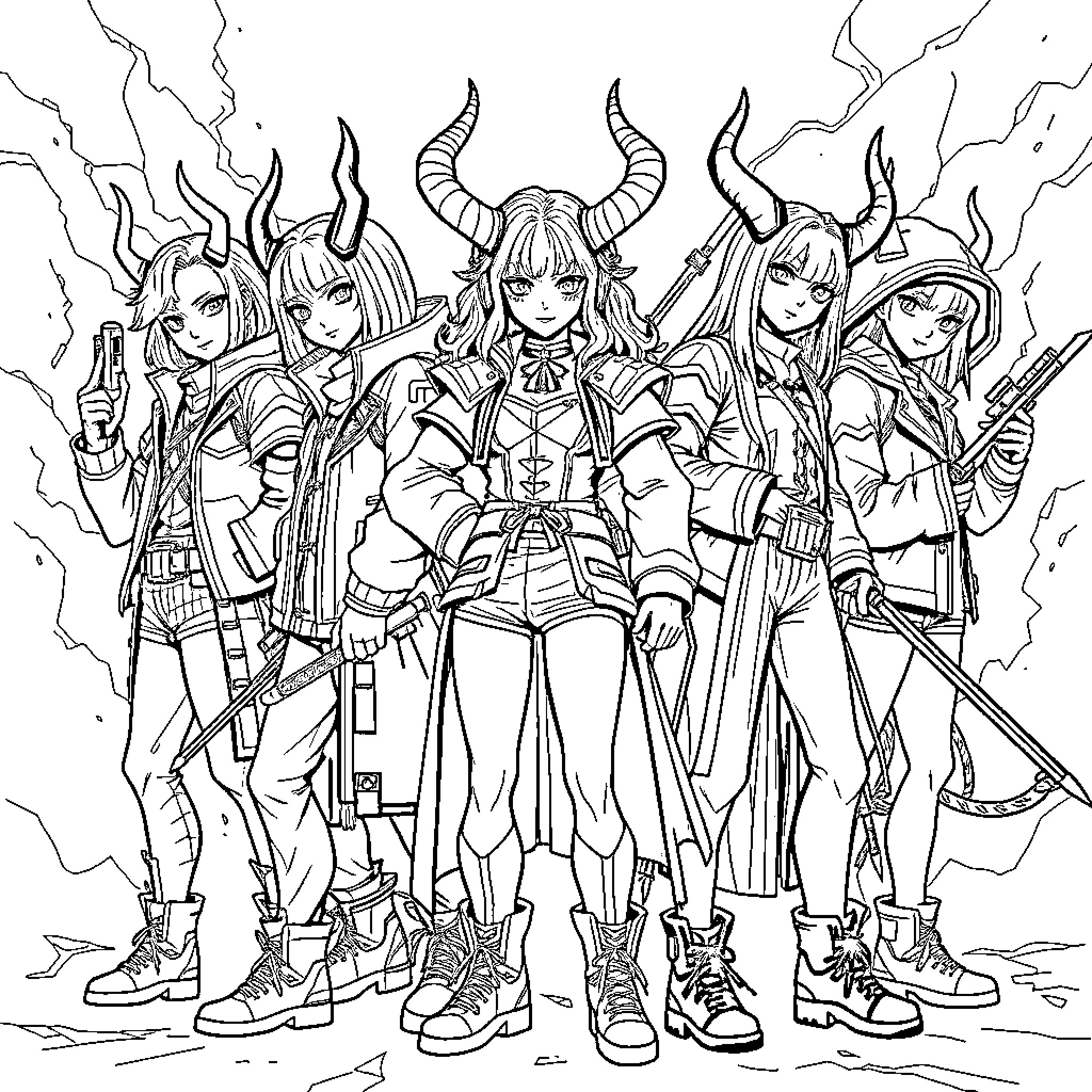 Demon Hunter Squad in Action Coloring Page (free black-and-white line drawing printable PDF for all, from beginners to advanced learners, including children, teens, adults, and seniors)