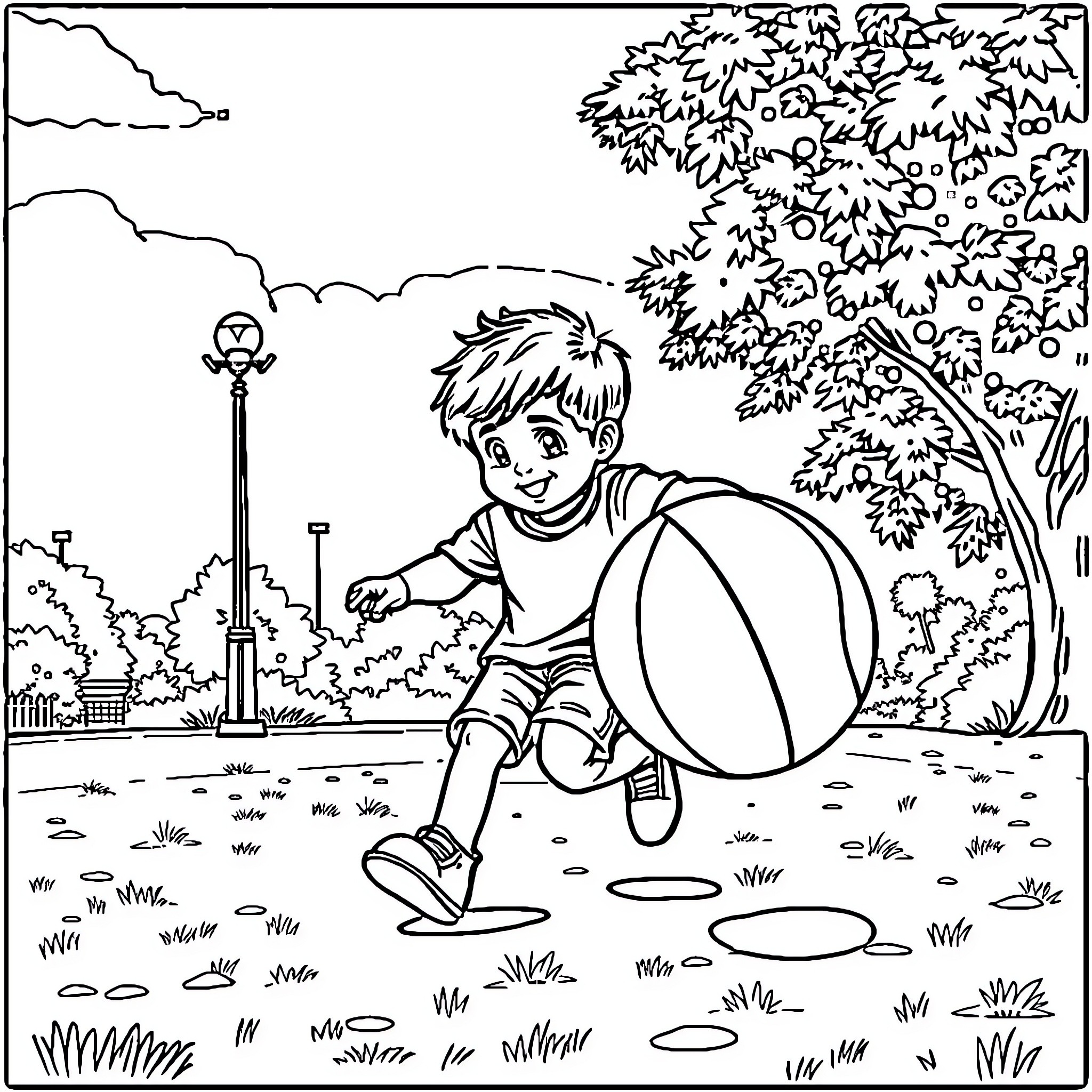 Child playing happily with ball in the park Coloring Page (free black-and-white line drawing printable PDF for all, from beginners to advanced learners, including children, teens, adults, and seniors)