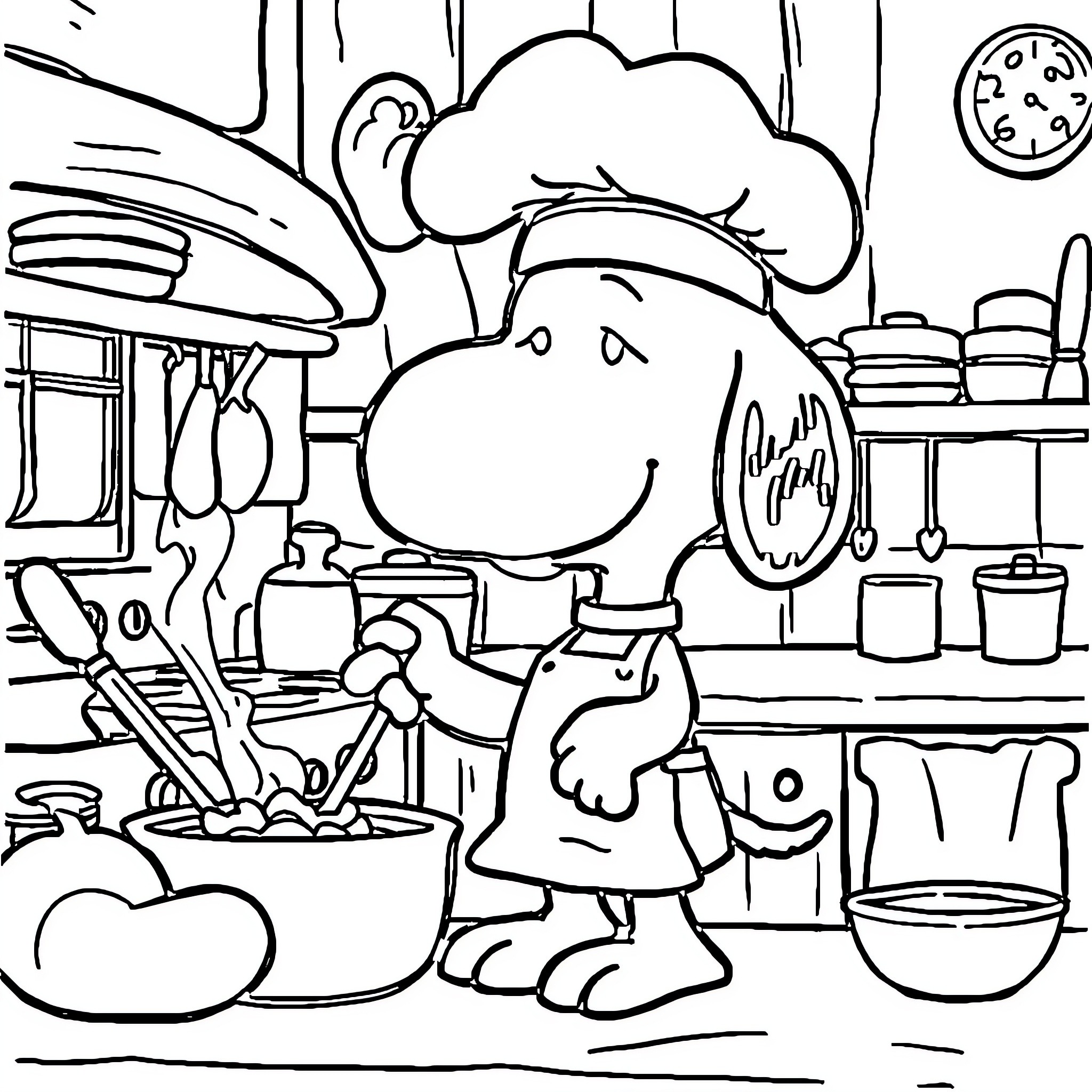 Snoopy the chef in the kitchen Coloring Page (free black-and-white line drawing printable PDF for all, from beginners to advanced learners, including children, teens, adults, and seniors)