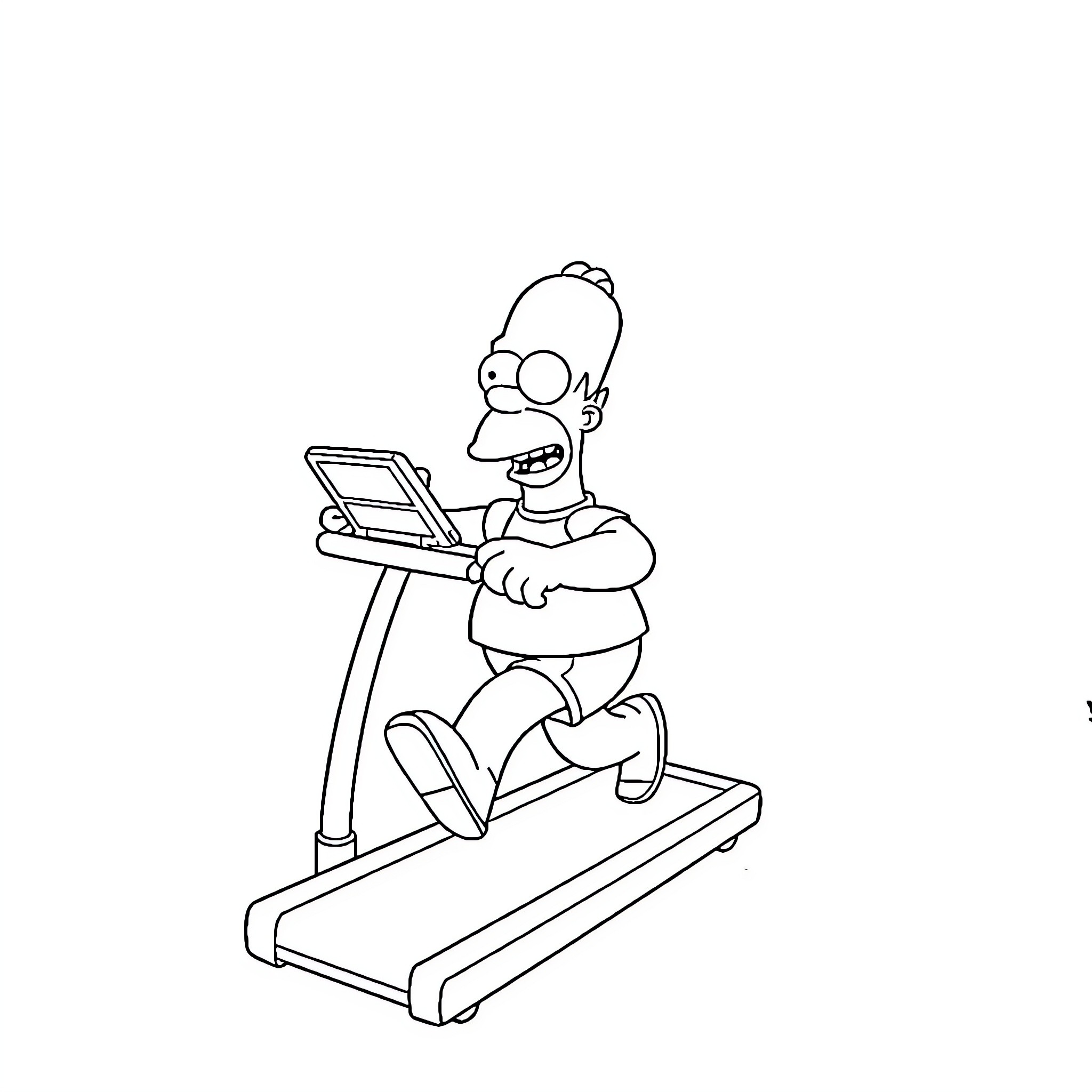 Homer Simpson working out on treadmill with laptop Coloring Page (free black-and-white line drawing printable PDF for all, from beginners to advanced learners, including children, teens, adults, and seniors)