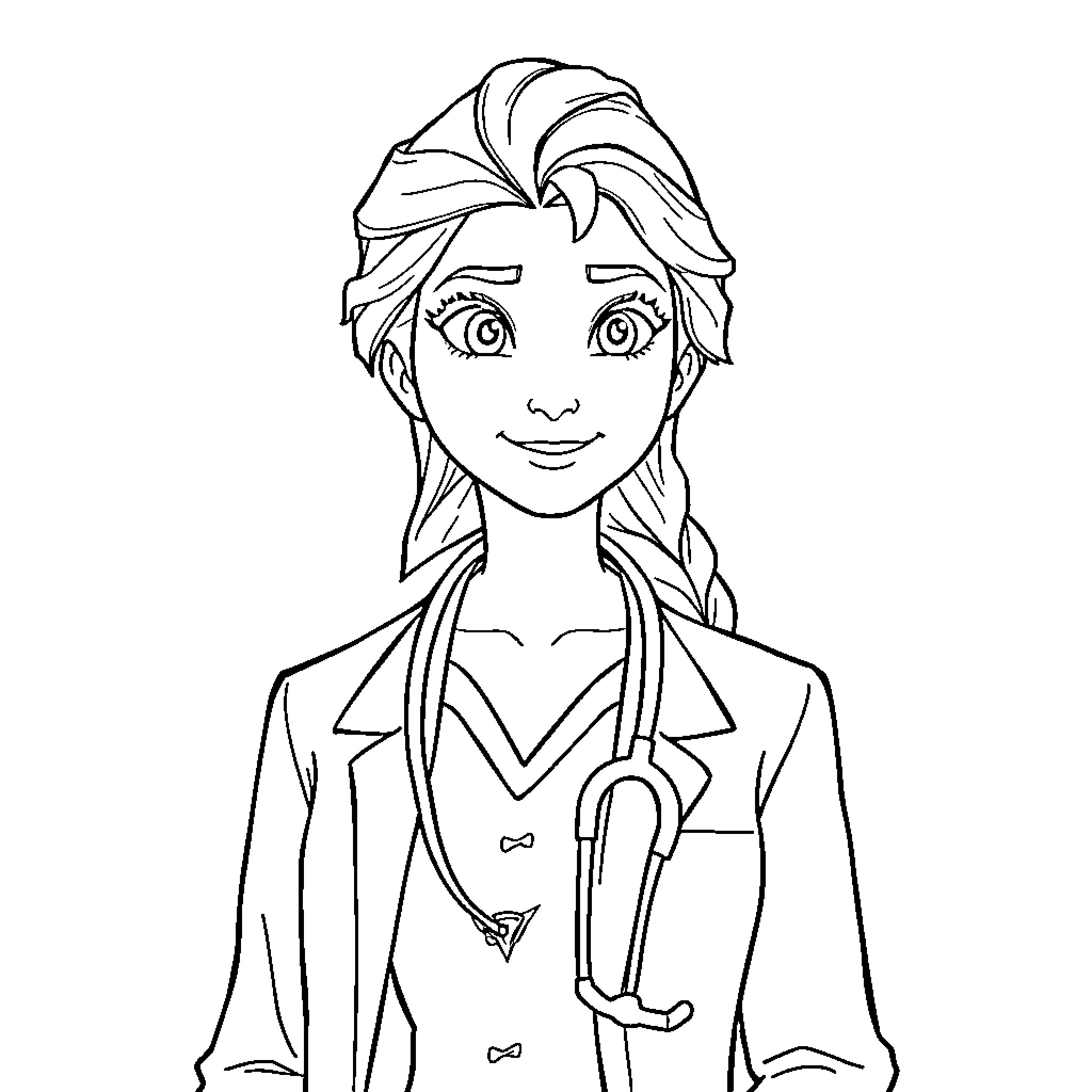 Frozen-inspired portrait of a medical professional Coloring Page (free black-and-white line drawing printable PDF for all, from beginners to advanced learners, including children, teens, adults, and seniors)