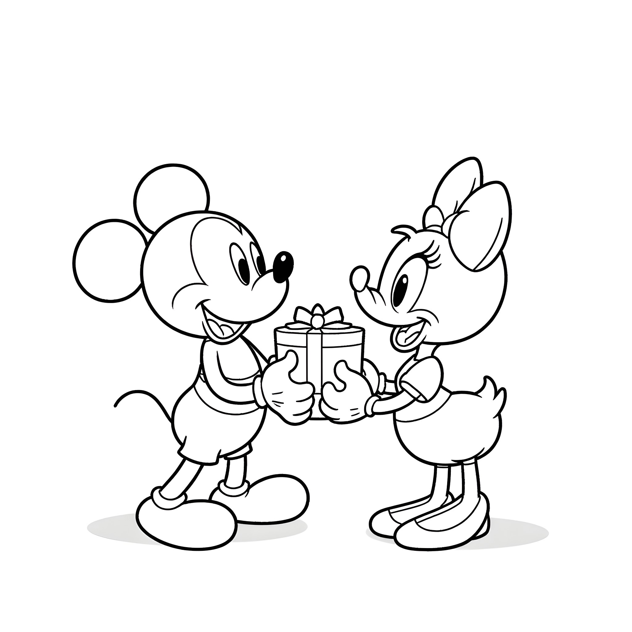 Mickey Mouse and Minnie Mouse exchanging gifts Coloring Page (free black-and-white line drawing printable PDF for all, from beginners to advanced learners, including children, teens, adults, and seniors)