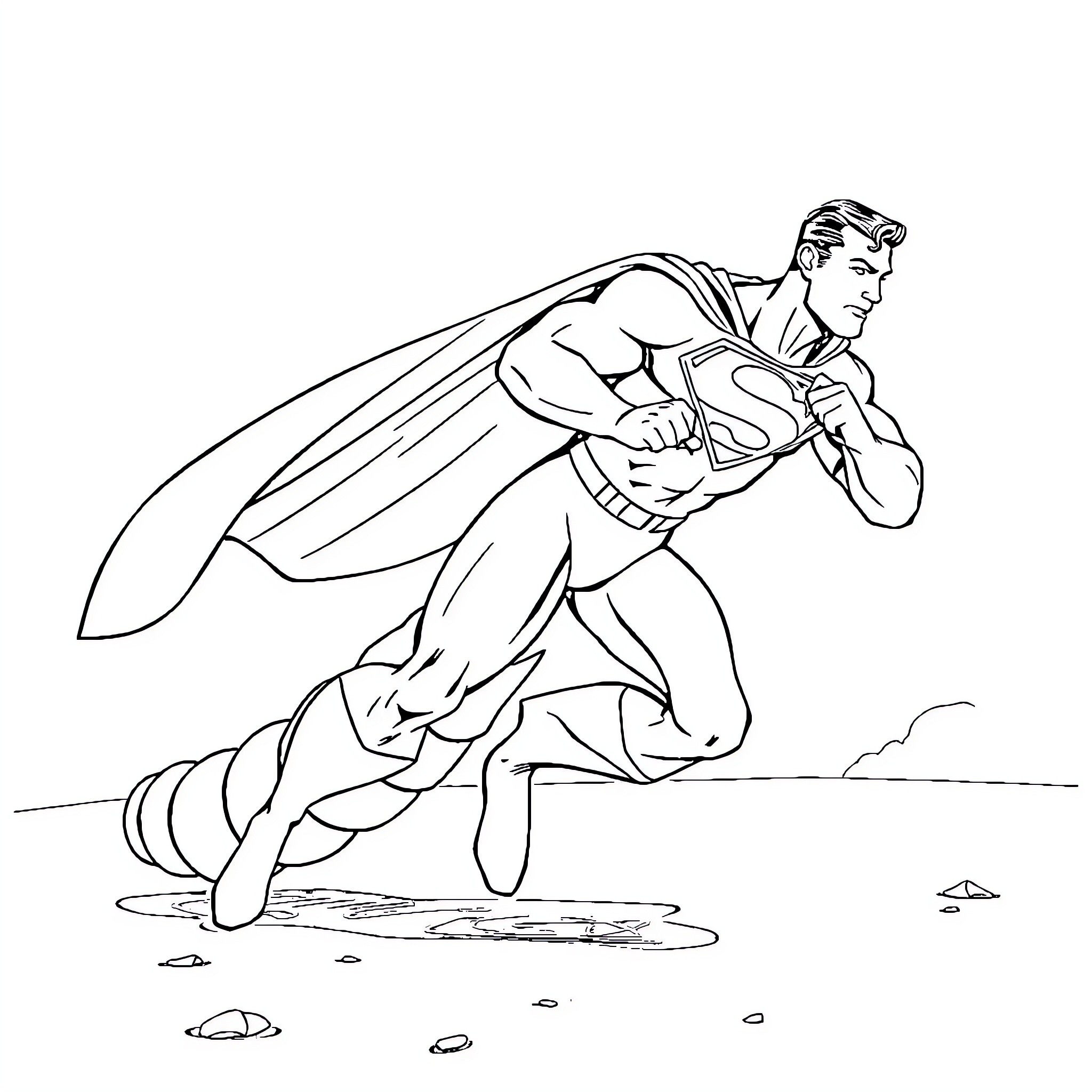 Superman soaring through the sky in action Coloring Page (free black-and-white line drawing printable PDF for all, from beginners to advanced learners, including children, teens, adults, and seniors)