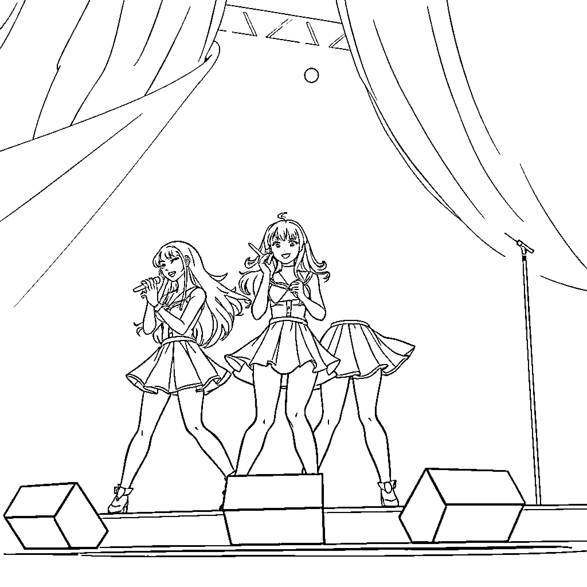 Girl Group Performing on Stage with Costumes and Microphones Coloring Page (free black-and-white line drawing printable PDF for all, from beginners to advanced learners, including children, teens, adults, and seniors)