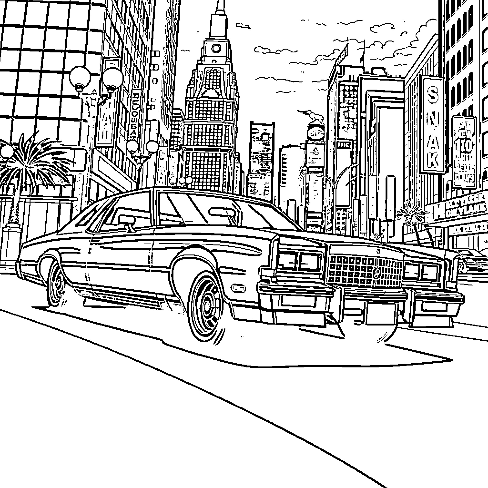 Monte Carlo Car in Bustling City Skyline Coloring Page (free black-and-white line drawing printable PDF for all, from beginners to advanced learners, including children, teens, adults, and seniors)