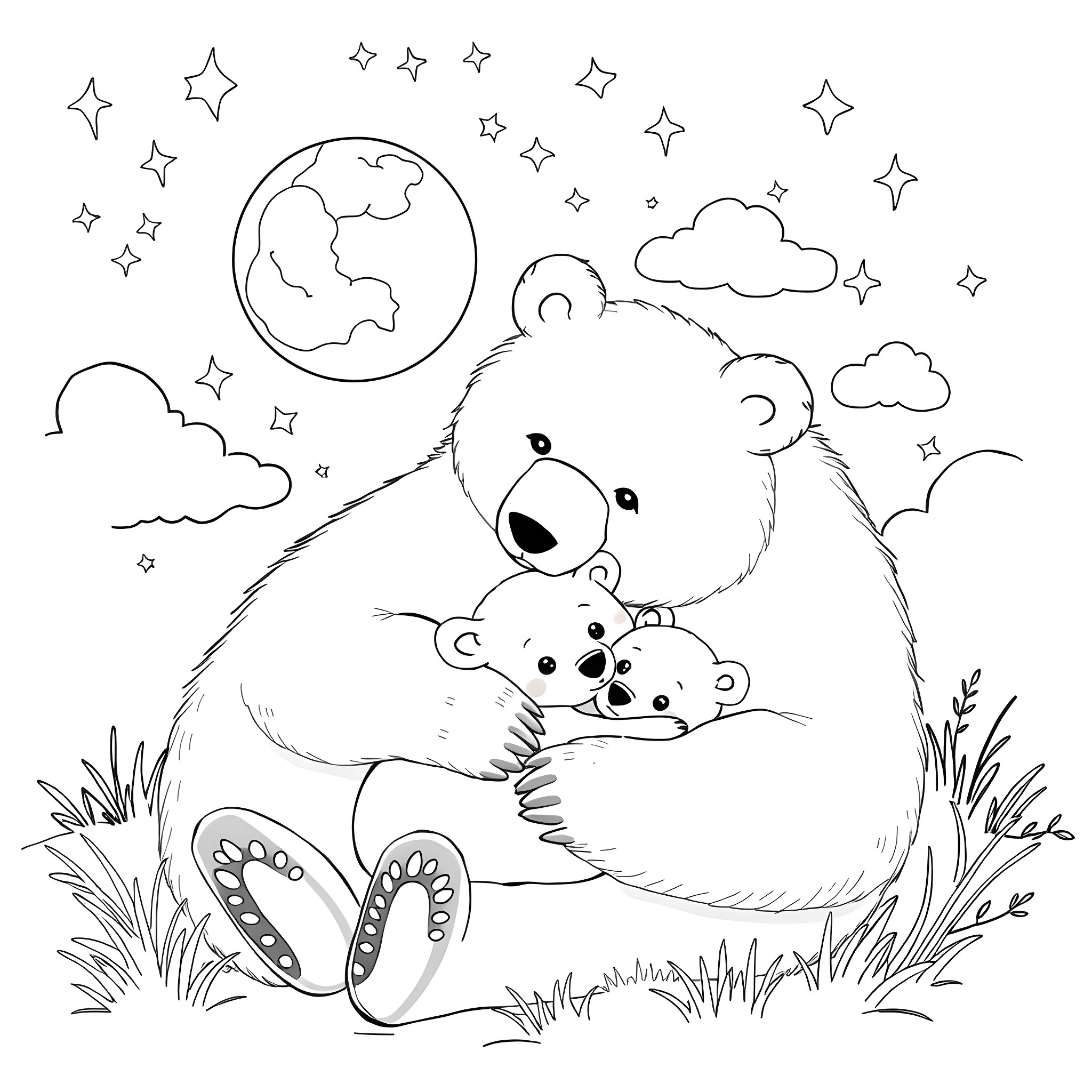 Bear family in the starry night Coloring Page (free black-and-white line drawing printable PDF for all, from beginners to advanced learners, including children, teens, adults, and seniors)